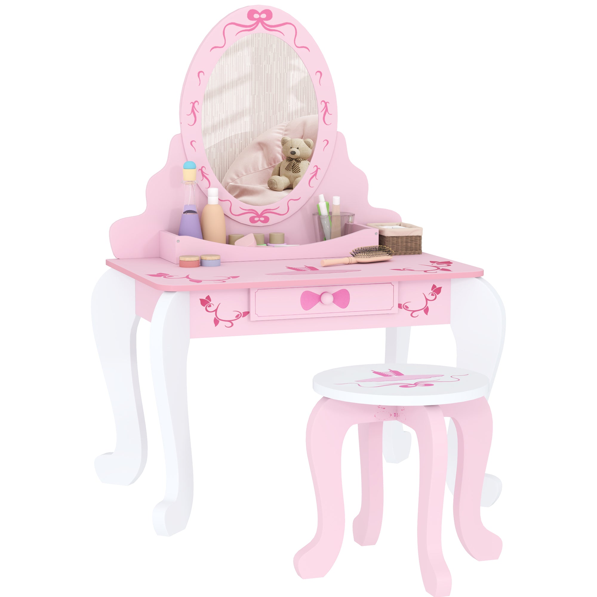 AIYAPLAY Kids Dressing Table Set, Vanity Table with Stool, Mirror, Drawer, Desktop Storage, Ballet Theme, Pink - North Peak Garden Furniture