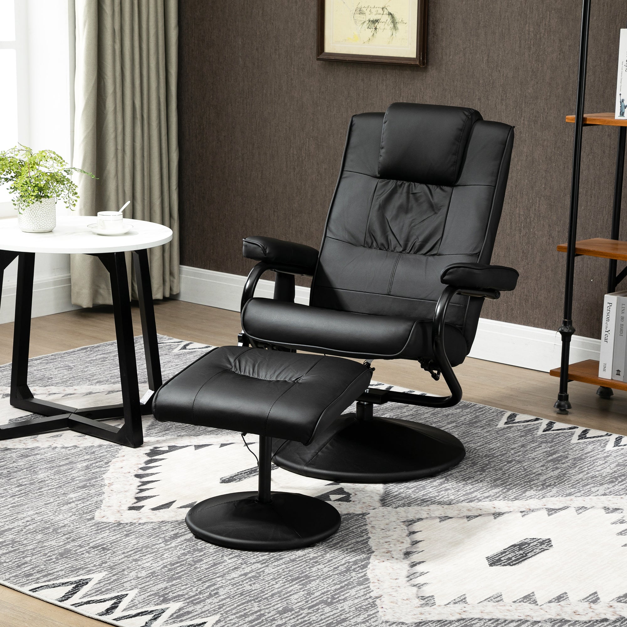 HOMCOM Swivel Recliner Chair and Footstool, Faux Leather Massage Recliner Armchair with Remote Control and Round Wrapped Base, Black - North Peak Garden Furniture