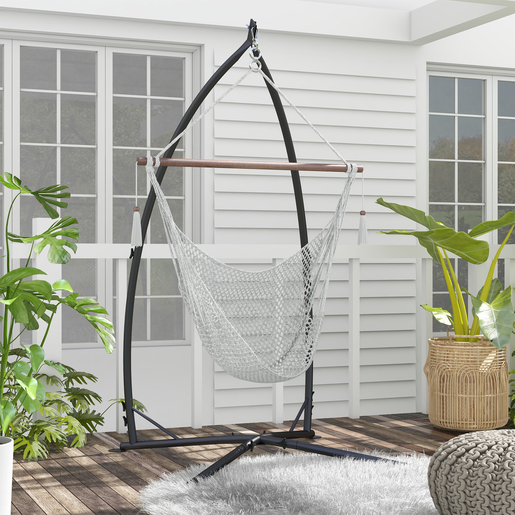 Outsunny Hammock Chair Stand, Hanging Heavy Duty Metal Frame Hammock Stand with Chain, for Hanging Hammock Air Porch Swing Chair, Egg Cahir, Indoor & Outdoor Use, Black - North Peak Garden Furniture