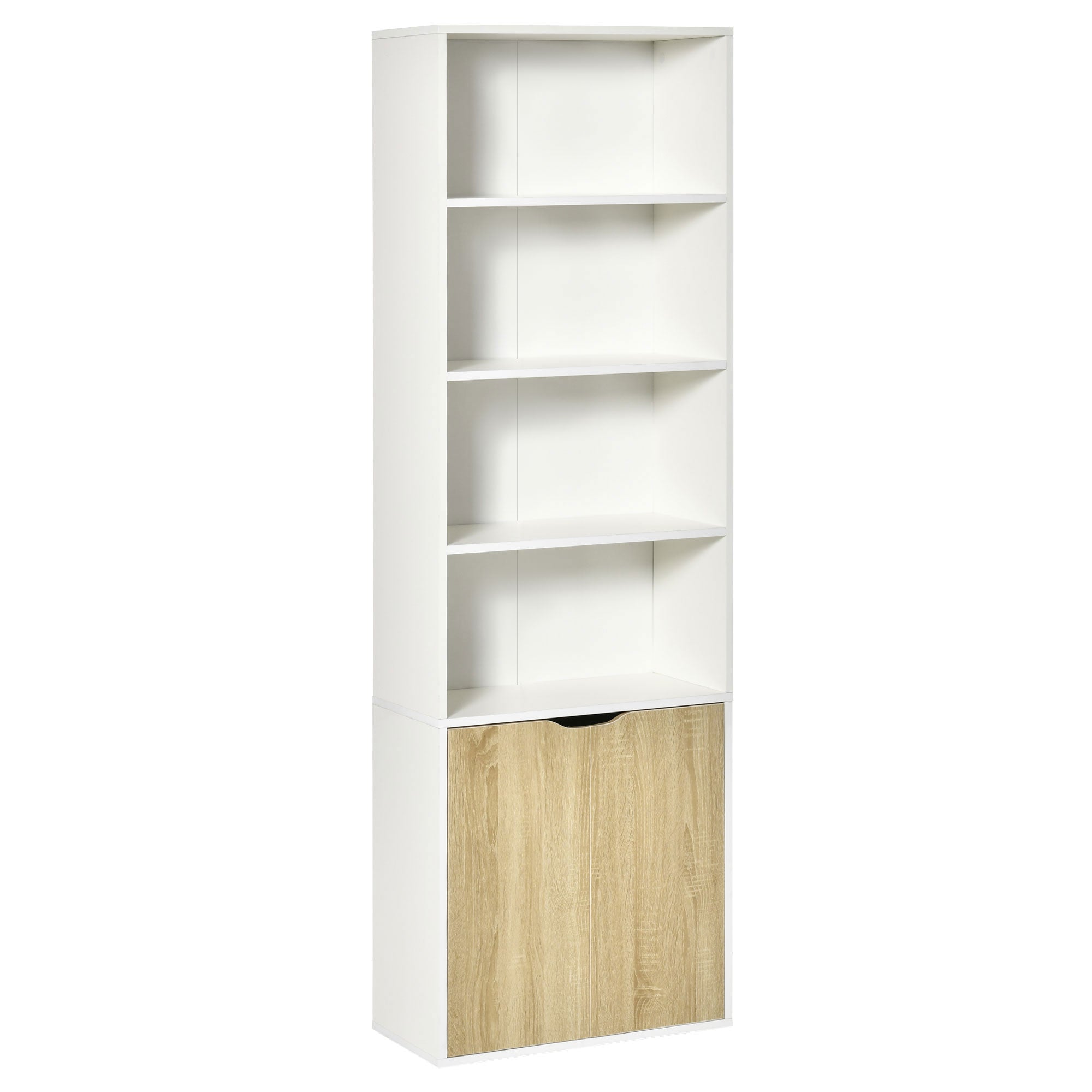 HOMCOM 6-Tier Tall Bookcase, Bookshelf with 4 Open Shelves and Double Door Storage Cabinet, Freestanding Display Rack for Living Room, Bedroom, Home Office, Study, 59 x 29 x 180cm, White and Oak - North Peak Garden Furniture