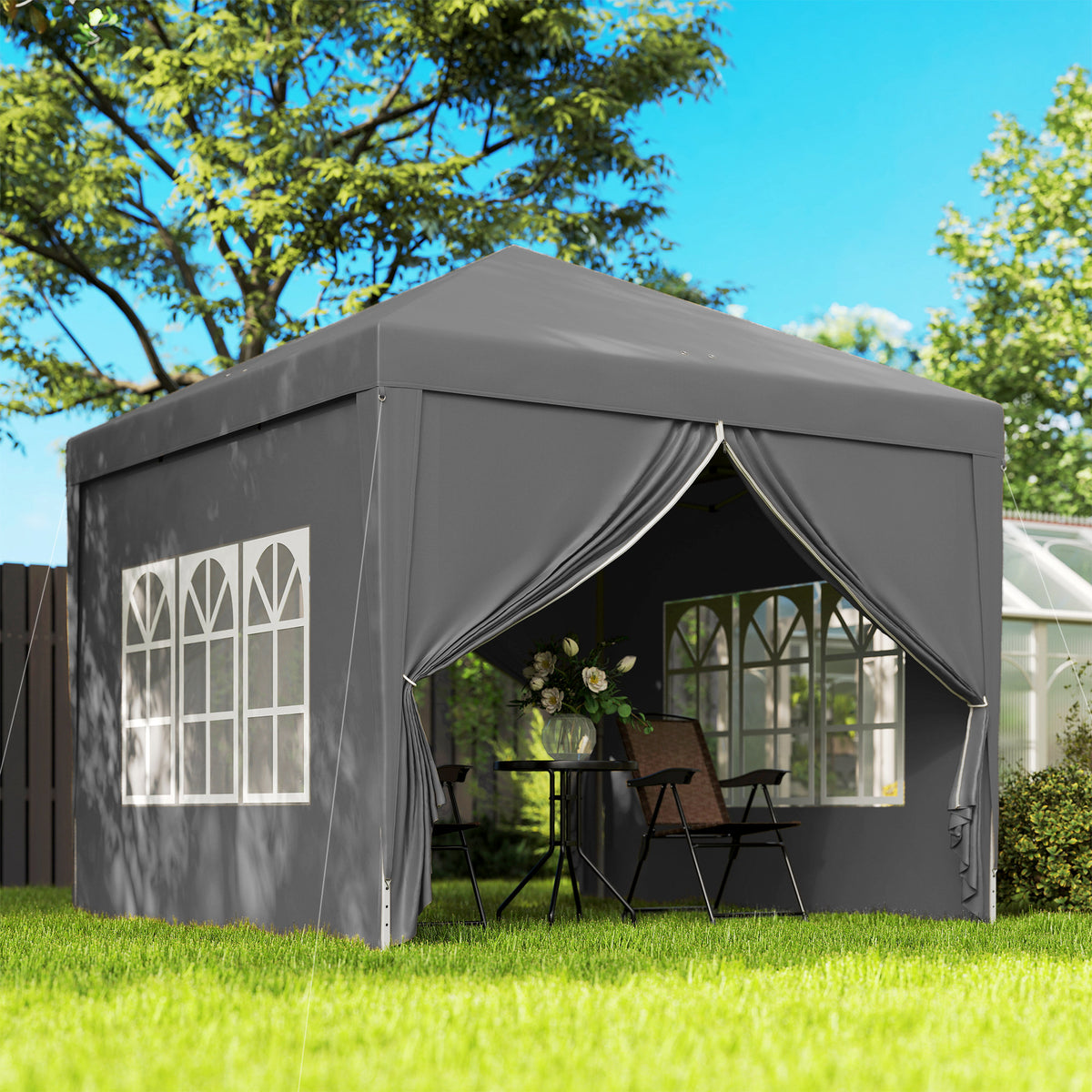 Outsunny 3 x 3 Meters Pop Up Water Resistant Gazebo Wedding Camping Party Tent Canopy Marquee with Carry Bag and 2 Windows, Grey