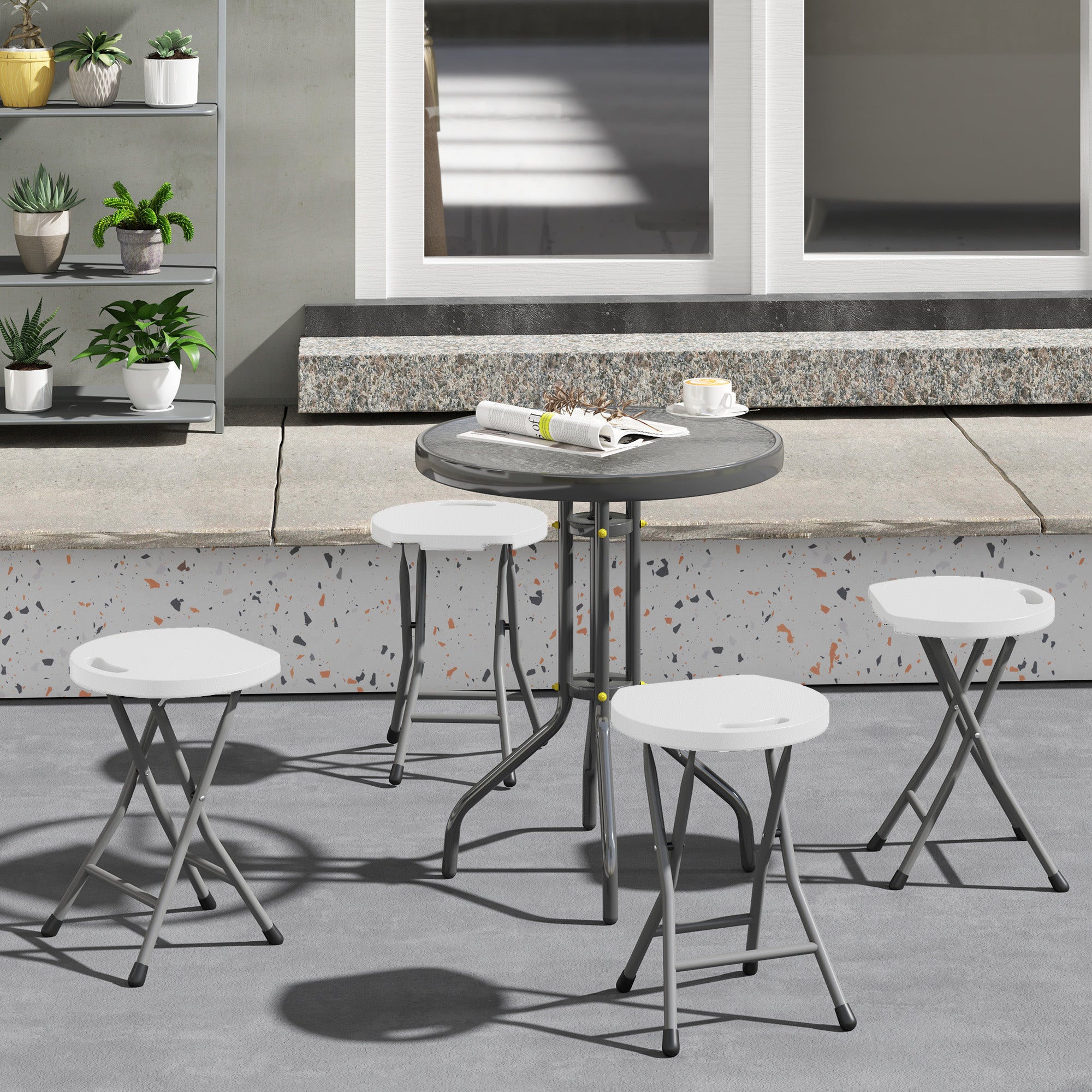 Outsunny Folding Stool Set of 4, Decorative Garden Stool Set with Safety Latch, Foldable Garden Stools with Powder-Coated Steel Legs HDPE Seat and Handle for Indoor and Outdoor, White - North Peak Garden Furniture