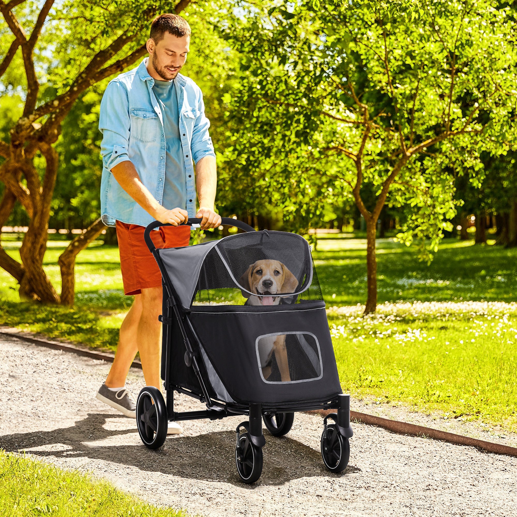 PawHut Foldable Pet Stroller, with Universal Wheels, Shock Absorber, for Medium and Large Dogs - Black - North Peak Garden Furniture