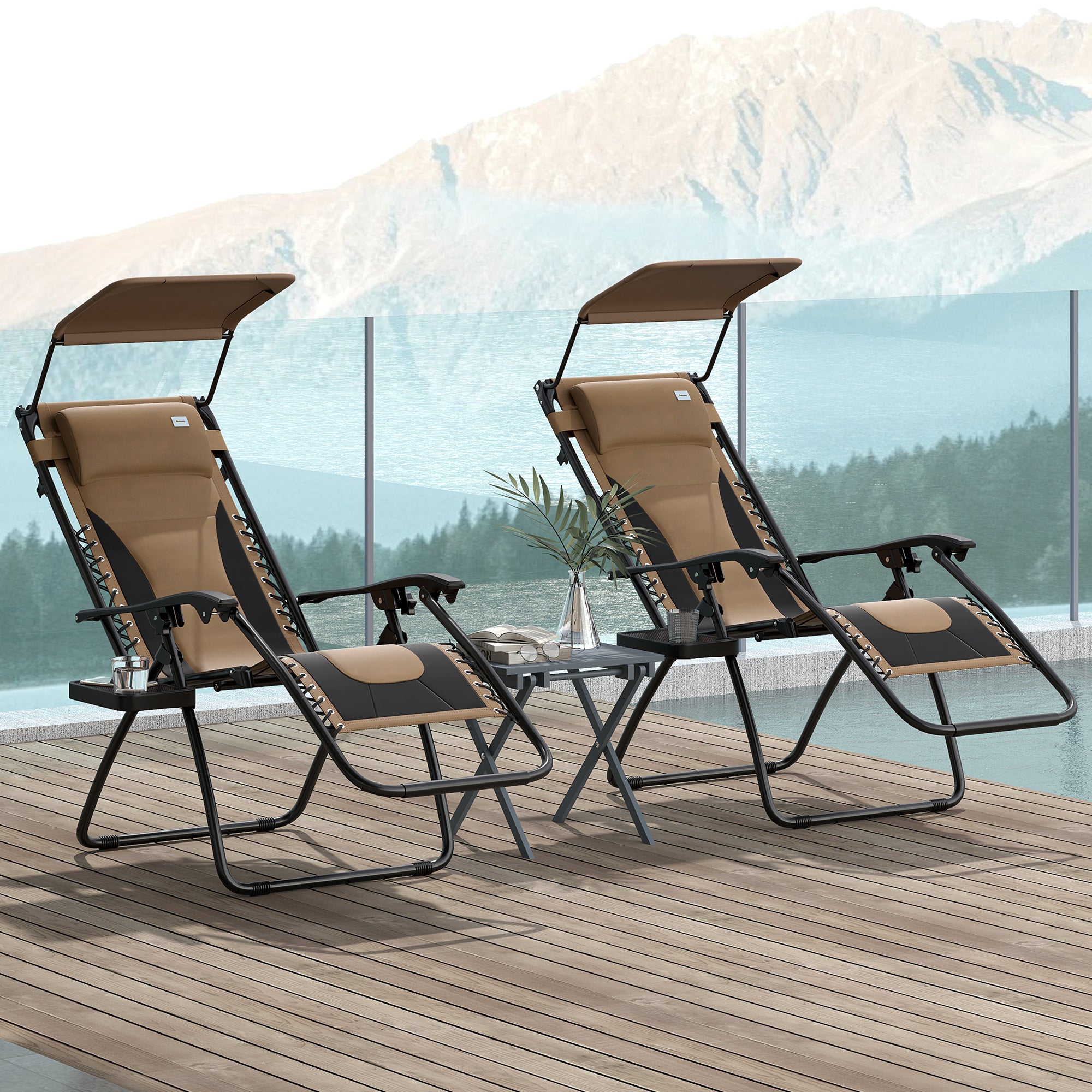 Outsunny Zero Gravity Lounger Chair Set of 2, Folding Reclining Patio Chair with Shade Cover, Cup Holder, Soft Cushion and Headrest for Poolside, Camping, Coffee - North Peak Garden Furniture