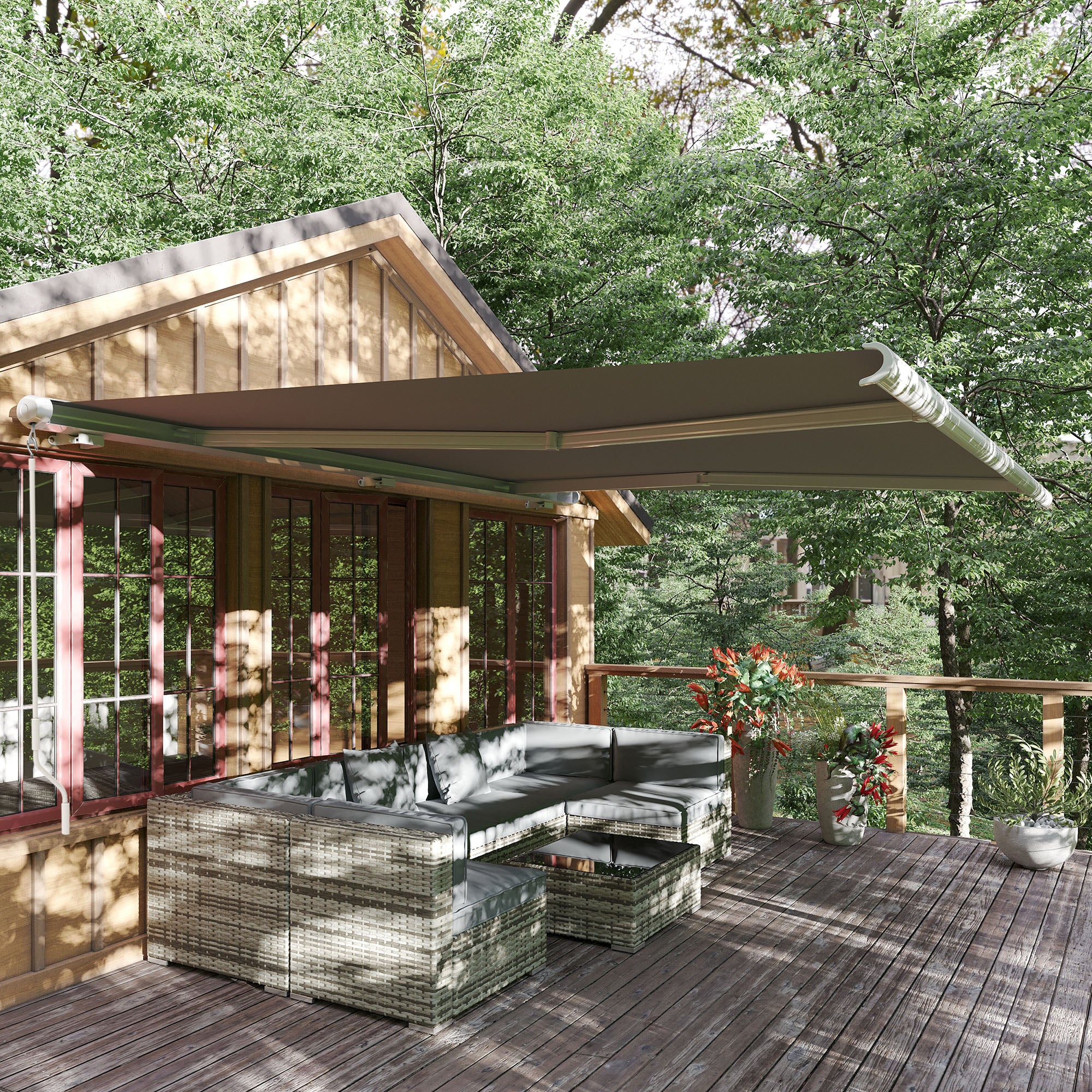 Outsunny 4x3m Full Cassette Electric/Manual Retractable Awning, Sun Canopies for Patio Door Window with Remote Controller, Grey - North Peak Garden Furniture