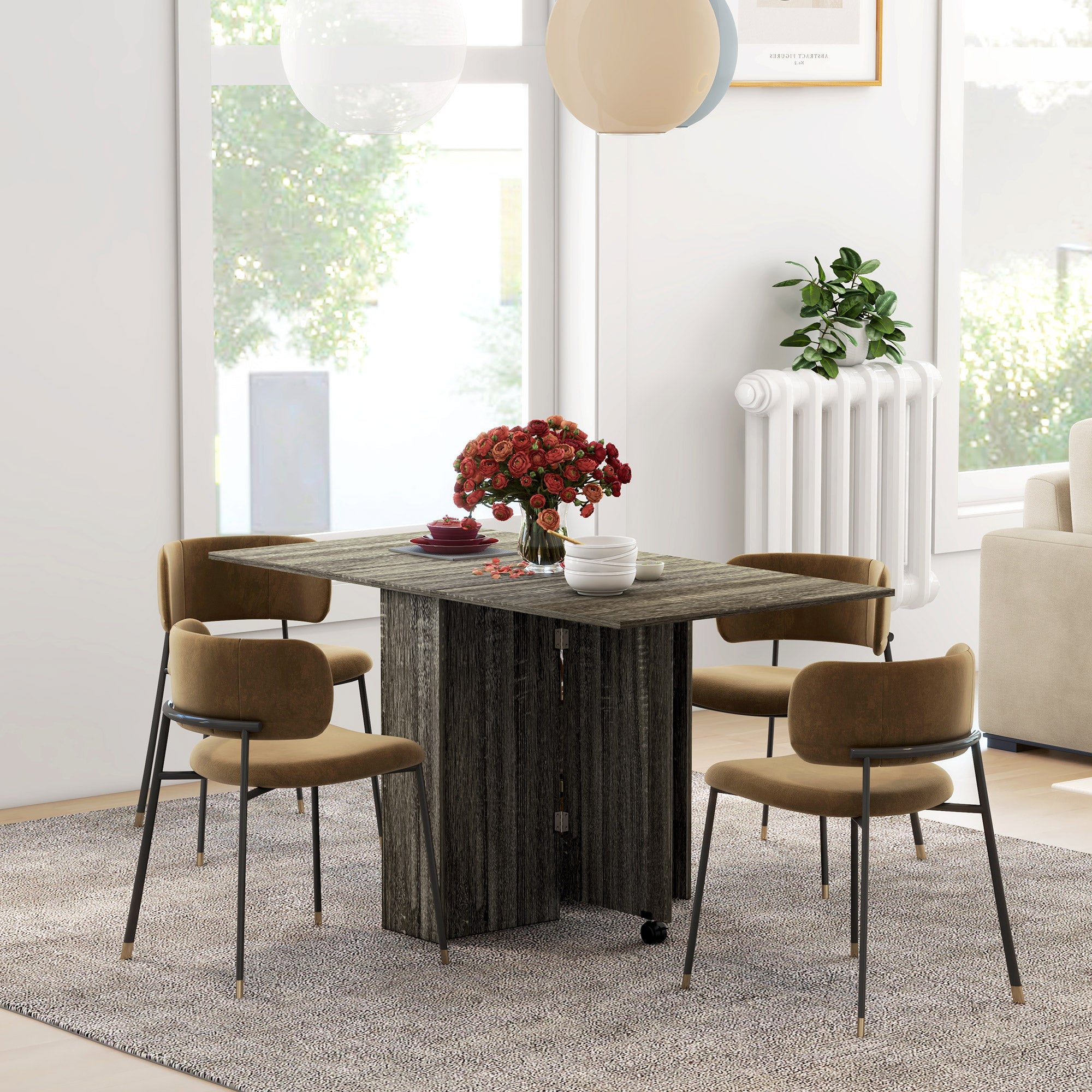 HOMCOM Folding Dining Table, Drop Leaf Table for Small Spaces with 2-tier Shelves, Small Kitchen Table with Rolling Casters, Grey - North Peak Garden Furniture