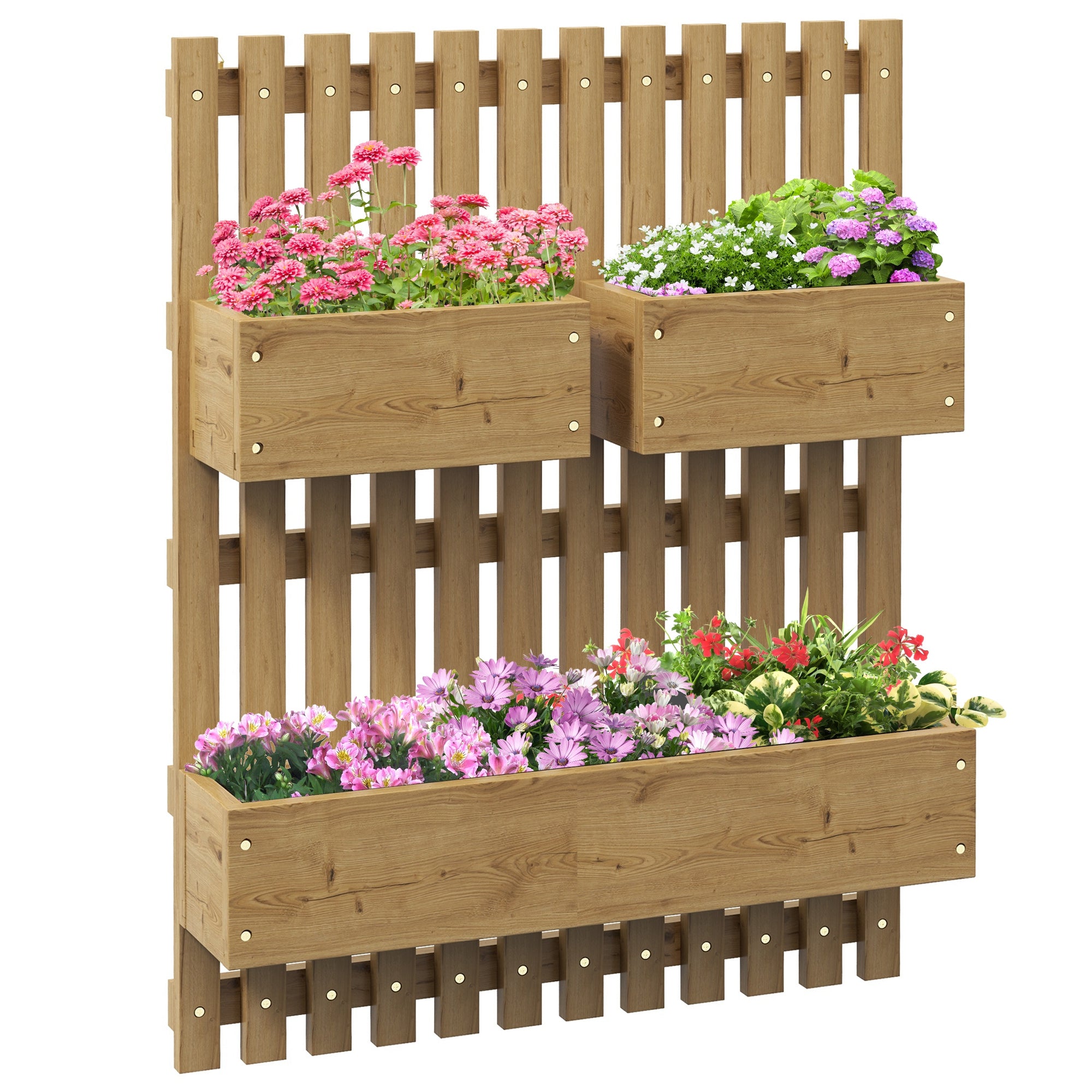 Outsunny Wall-mounted Wooden Garden Planters with Trellis, Drainage Holes and 3 Planter Boxes for Patio, Carbonised - North Peak Garden Furniture