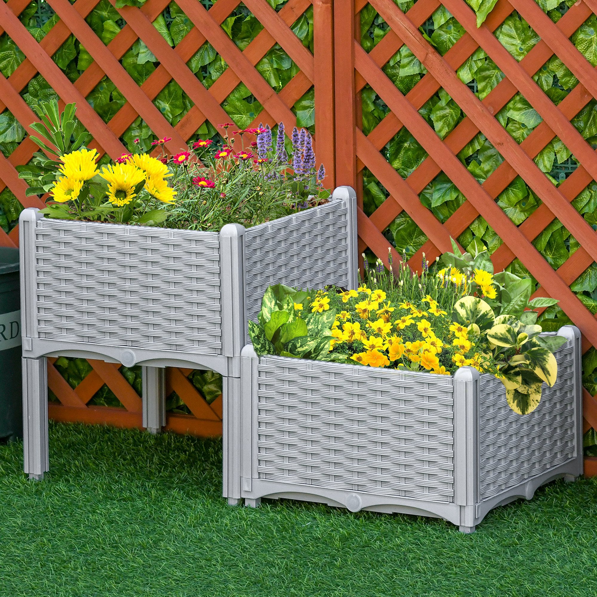 Outsunny 40cm x 40cm x 44cm Set of 2 26L Garden Raised Bed Elevated Patio Flower Plant Planter Box PP Vegetables Planting Container, Grey - North Peak Garden Furniture