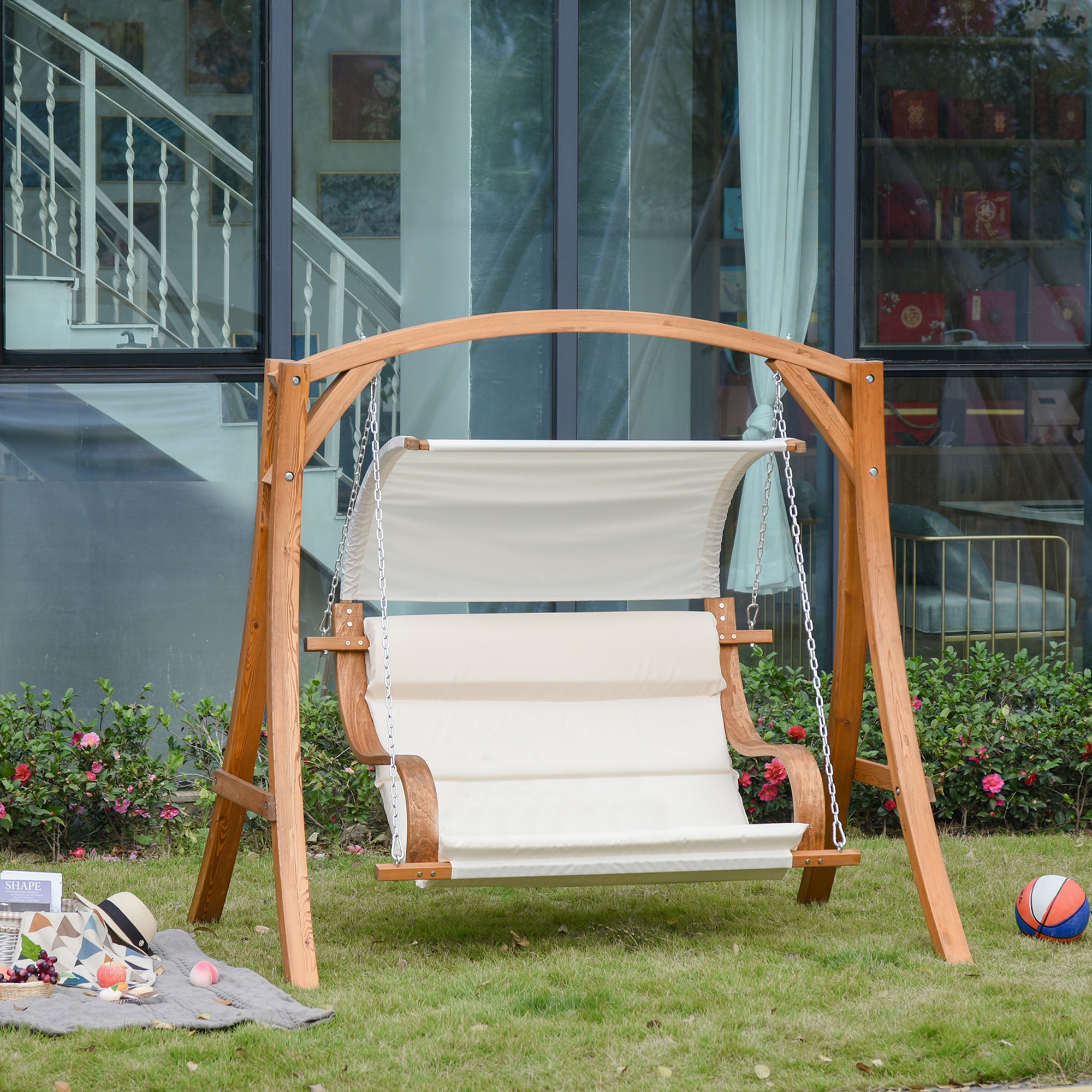 Outsunny Wooden Porch A-Frame Swing Chair With Canopy and Cushion for Patio Garden Yard - North Peak Garden Furniture