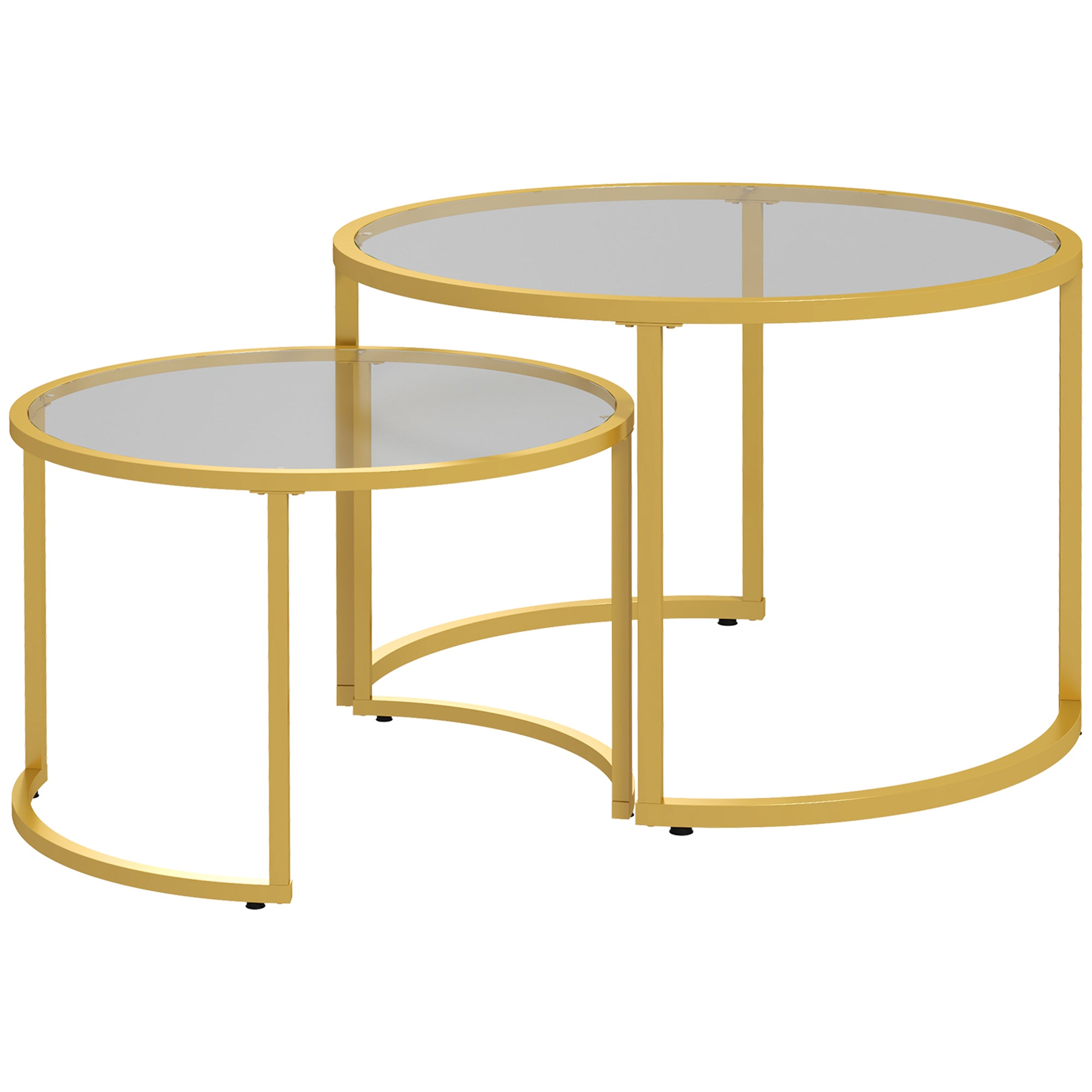 HOMCOM Coffee Table Set of 2, Modern Nest of Tables with Tempered Glass Top, Steel Frame for Living Room, Gold Tone - North Peak Garden Furniture