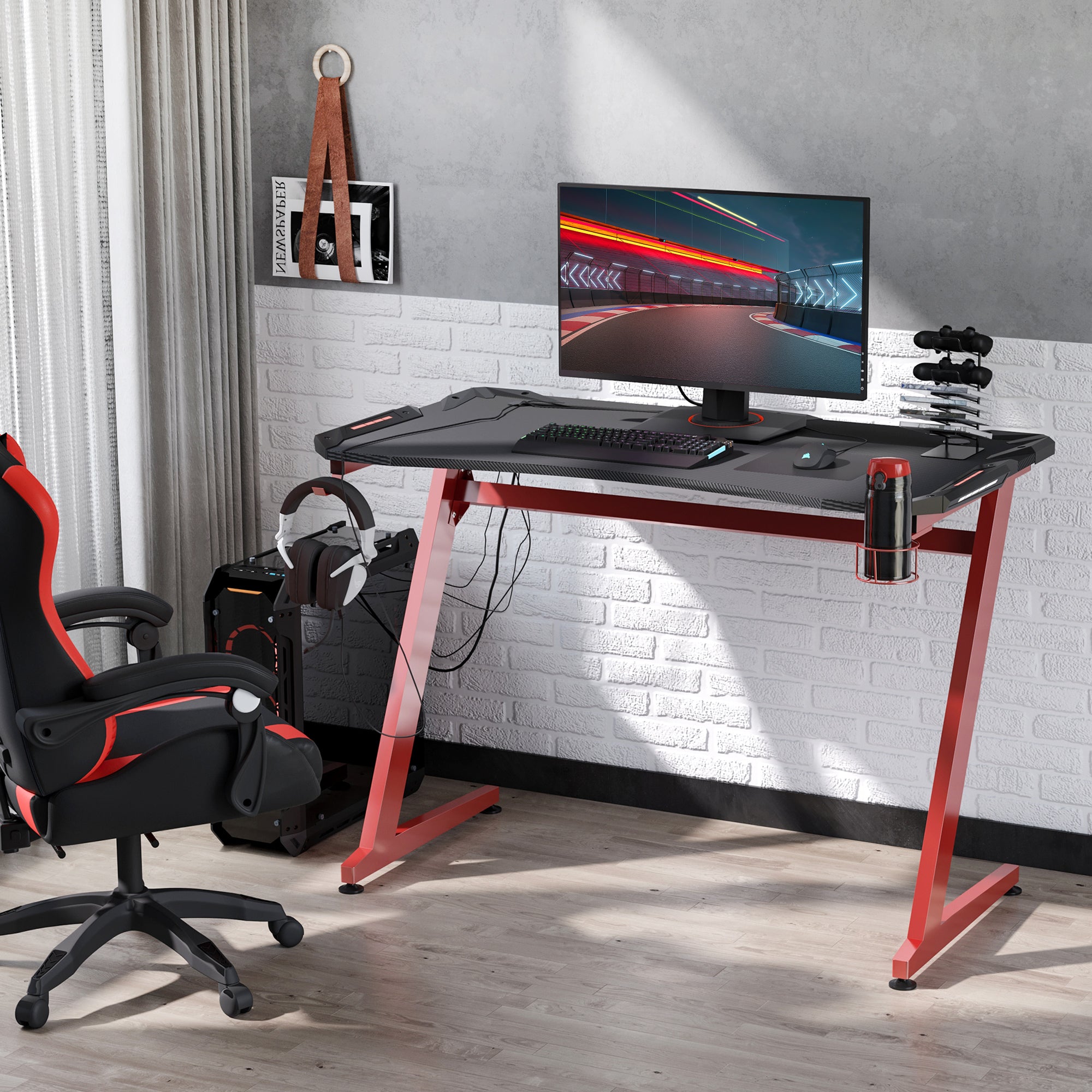 HOMCOM 122 x 66 cm Gaming Desk, Carbon Fibre Covered Computer Desk, Gamer Workstation with Headphone Hook, Cup Holder and Gamepad Storage Rack, Black and Red - North Peak Garden Furniture