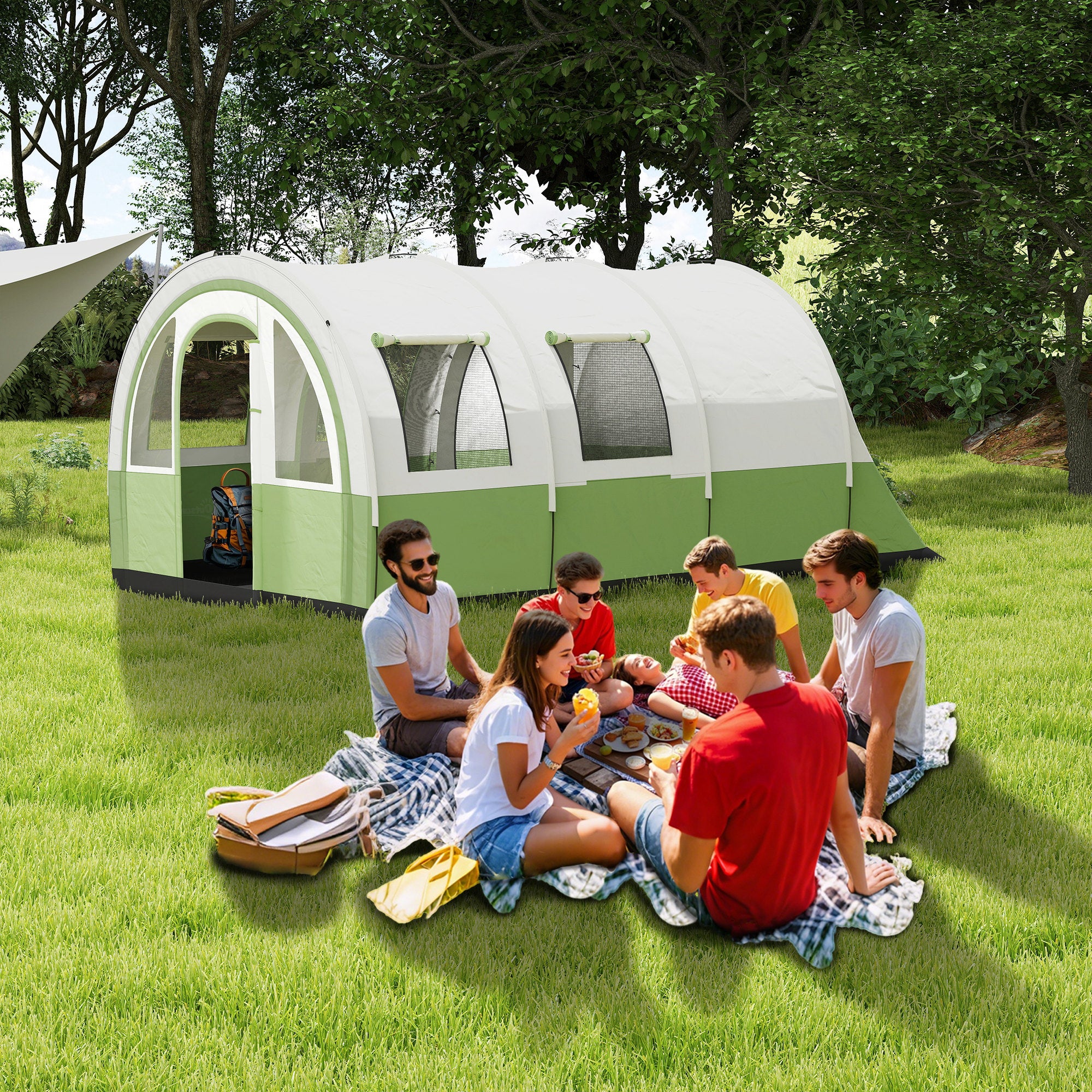 Outsunny 3000mm Waterproof Camping Tent, 5-6 Man Family Tent with Living and Bedroom, Carry Bag Included, Cream and Green - North Peak Garden Furniture