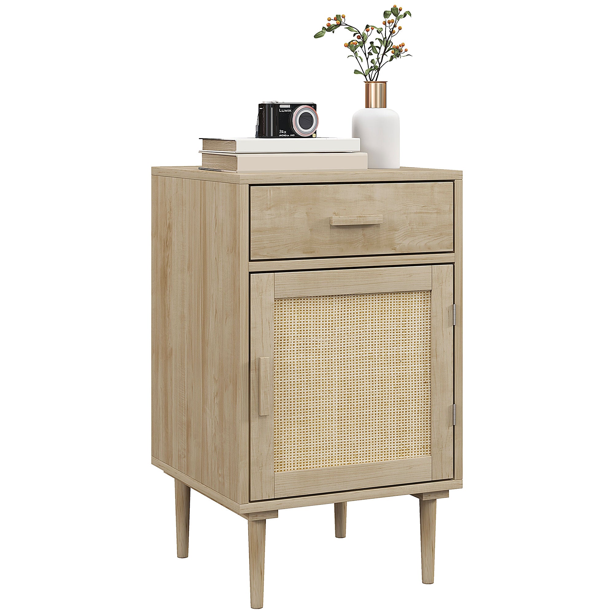 HOMCOM Bedside Table, Rattan Side Tables with Drawer, Cabinet and Adjustable Shelf, Boho Bedside Cabinet with Storage for Bedroom, Living Room, Natural Wood Effect - North Peak Garden Furniture
