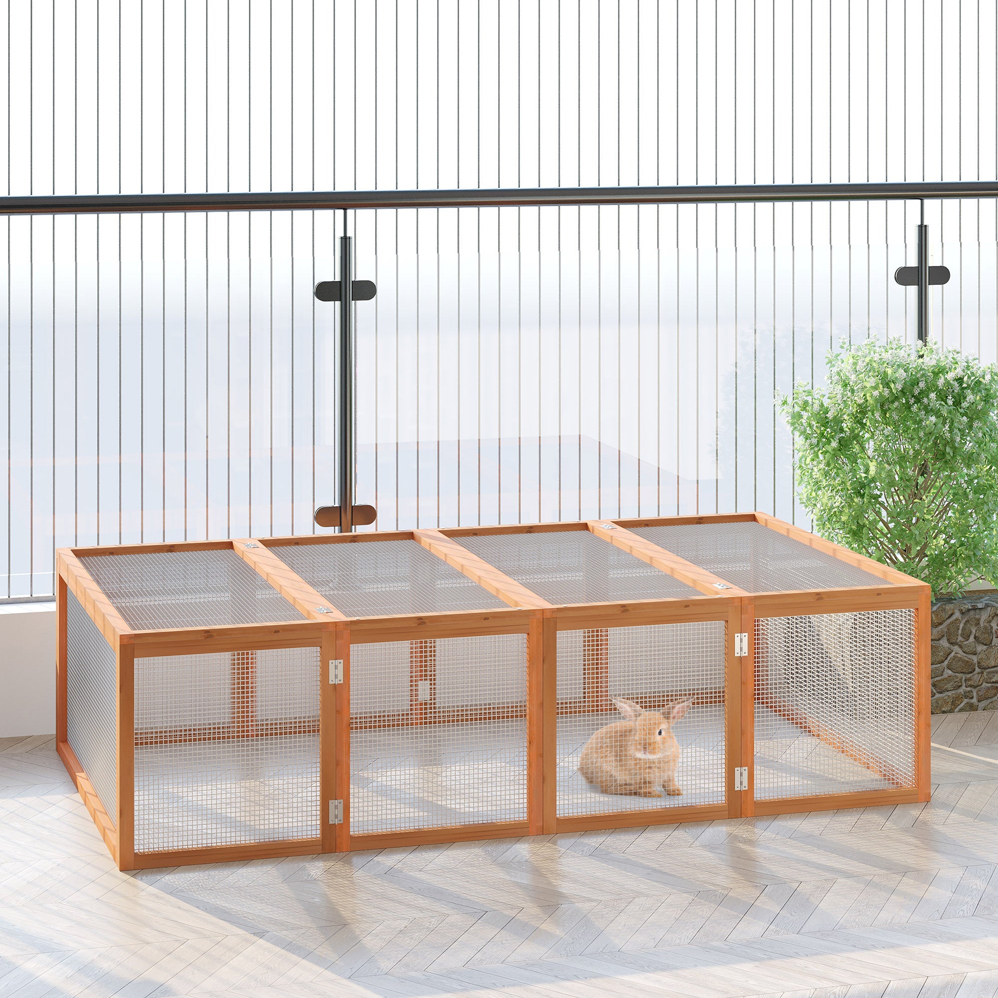 Pawhut Rabbit Run Wooden Rabbit Hutch Cage 6ft with Wire Mesh, Openable Roof, Play Space for Outdoor, 181 x 100 x 48 cm - North Peak Garden Furniture