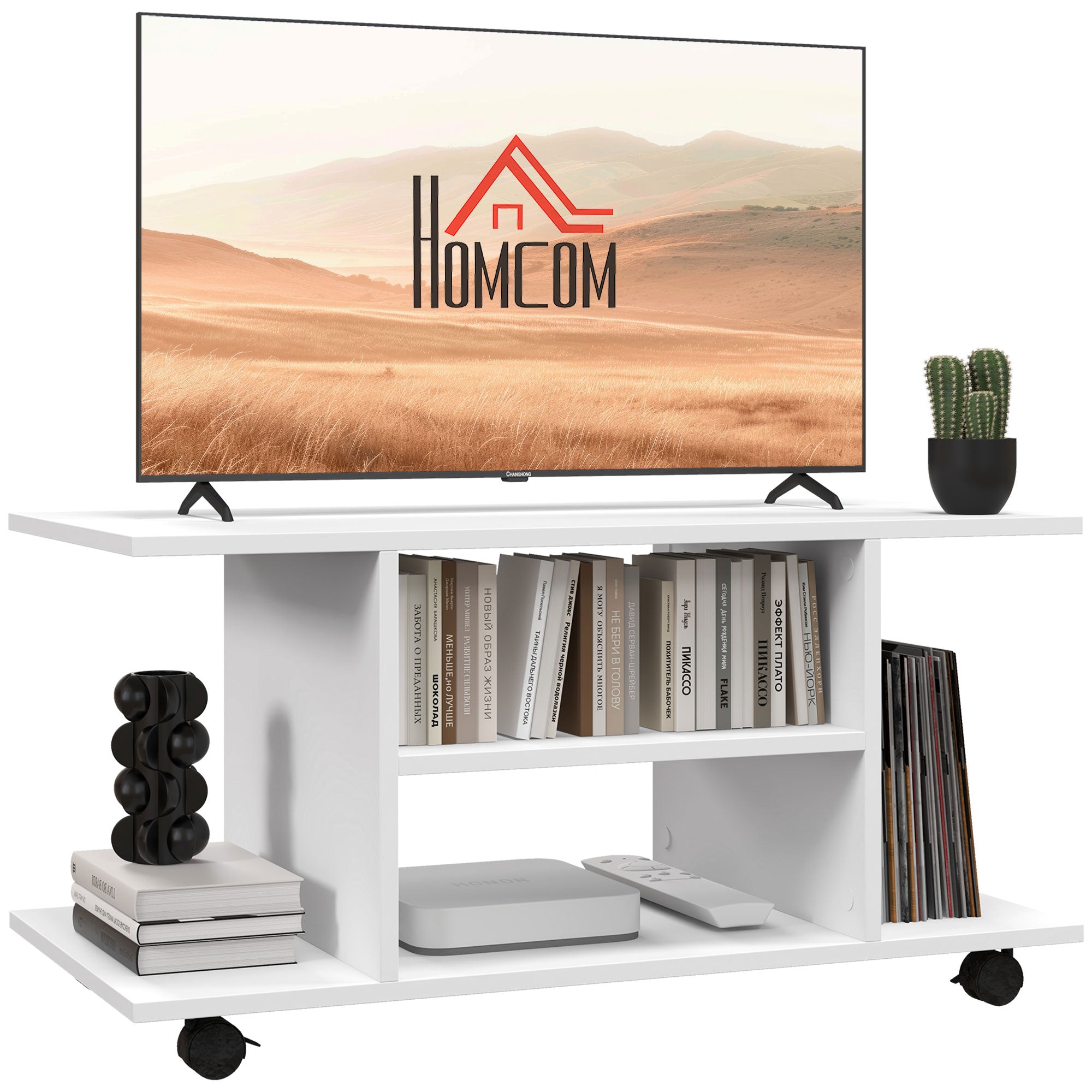 HOMCOM Modern TV Cabinet Stand Storage Shelves Table Mobile Bedroom Furniture Bookshelf Bookcase White - North Peak Garden Furniture