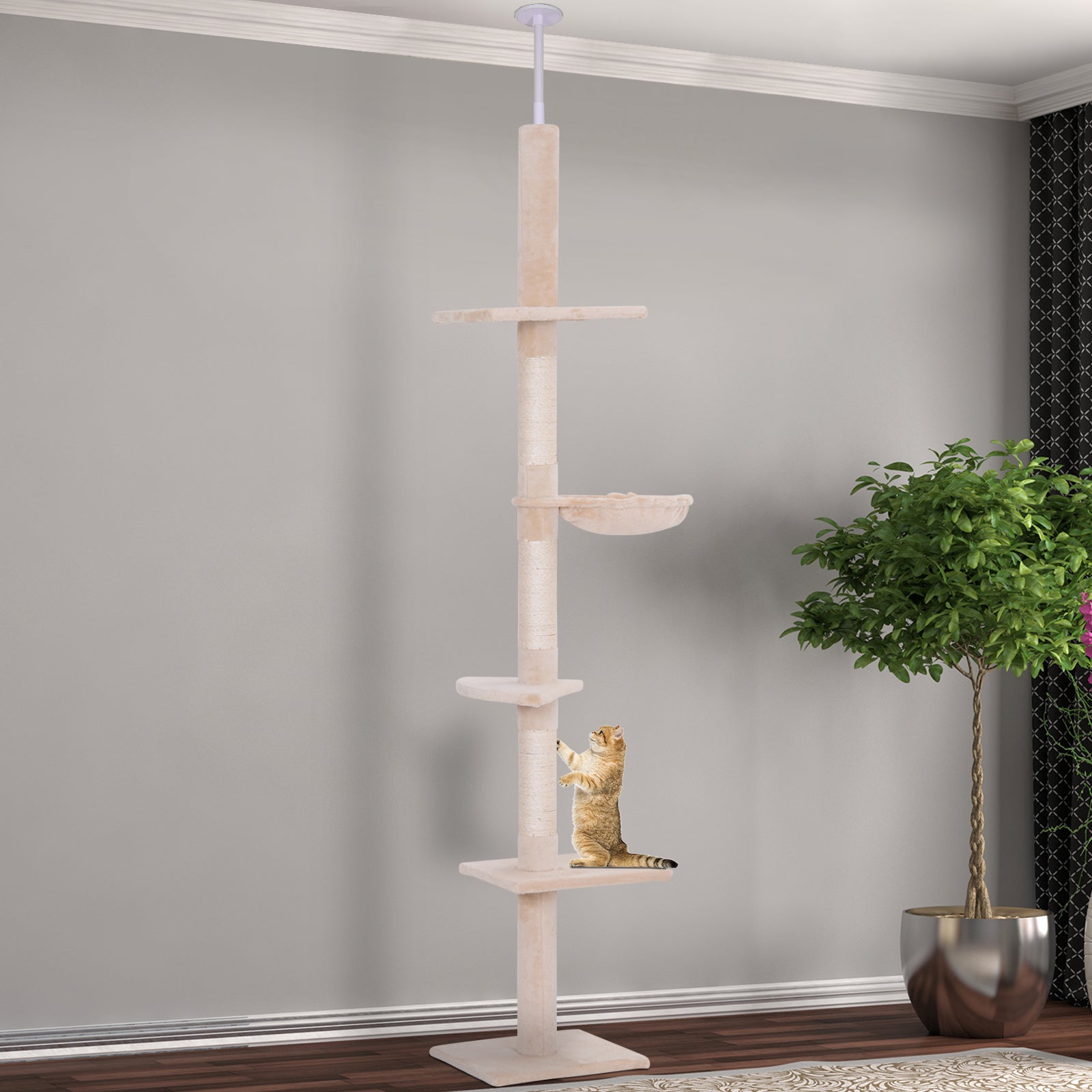 PawHut Floor to Ceiling Cat Tree for Indoor Cats 5-Tier Kitty Tower Climbing Activity Center Scratching Post Adjustable Height 230-260 cm Beige - North Peak Garden Furniture