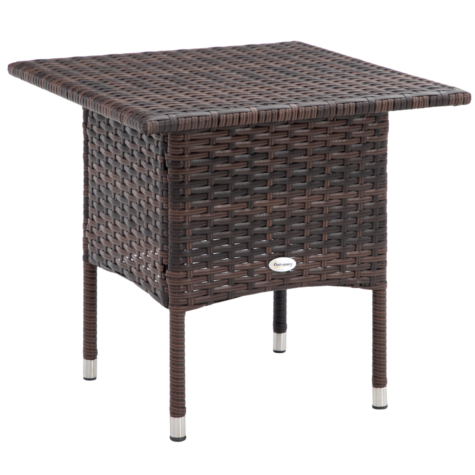 Outsunny Outdoor Rattan Side Table Coffee Table with Plastic Board, Full Woven Table Top for Patio, Garden, Balcony, Mixed Brown - North Peak Garden Furniture