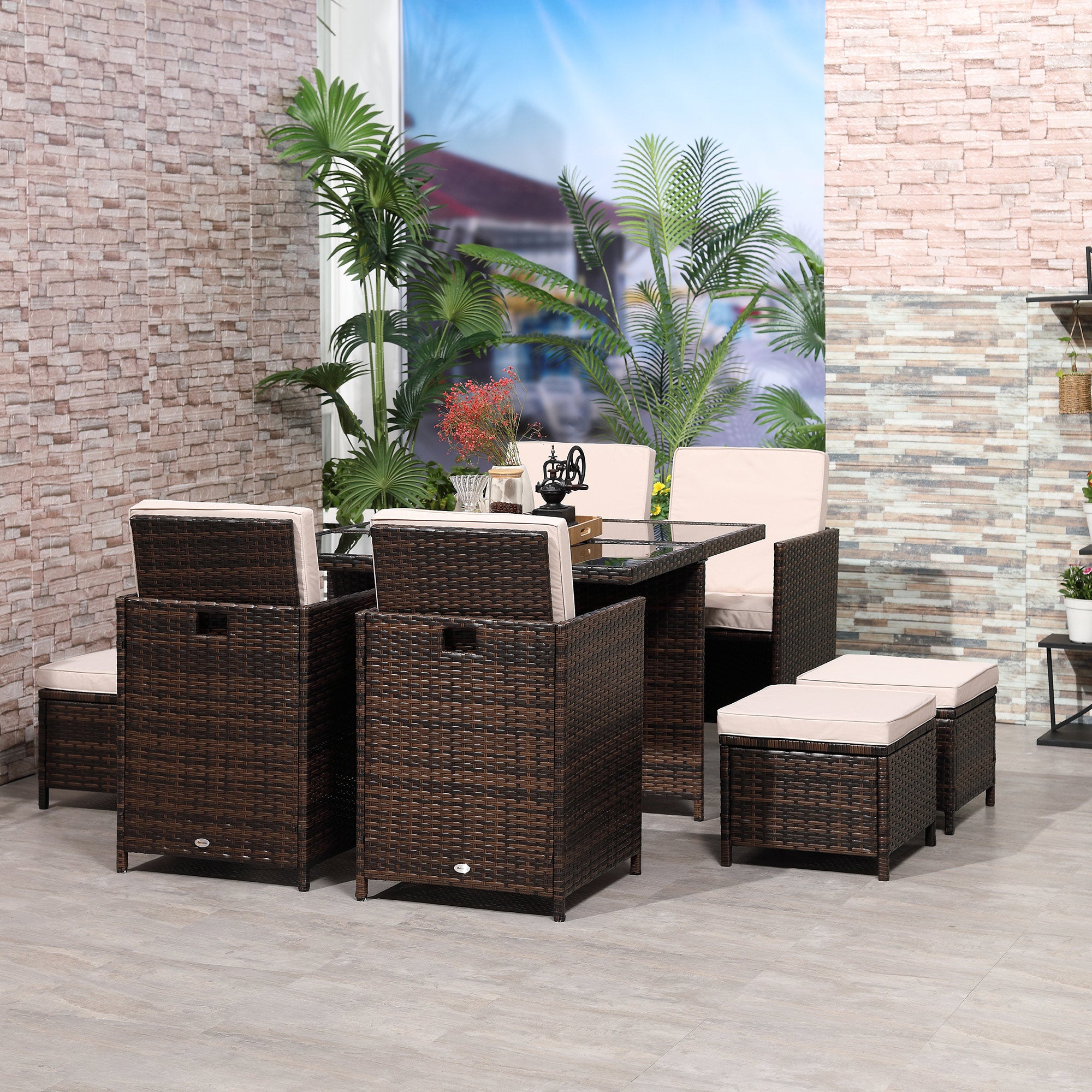 Outsunny 8 Seater Rattan Cube Garden Furniture Set, Rattan Dining Set with Cushions, Outdoor Dining Table and Chairs with 4 Armchairs, 4 Stools, Square Glass Top Table for Patio, Balcony, Brown - North Peak Garden Furniture