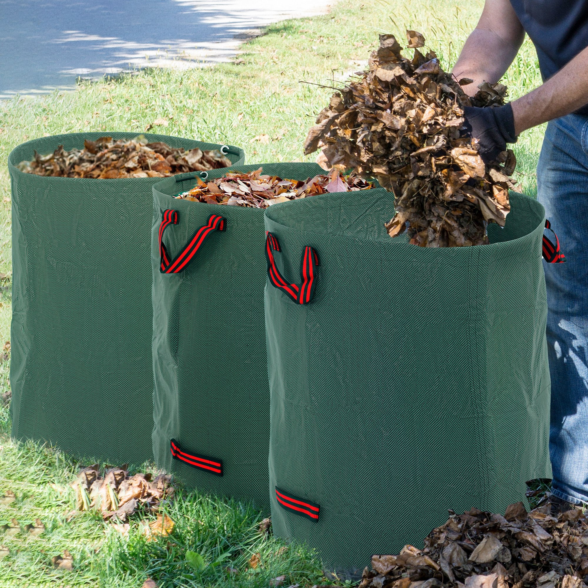 Outsunny Garden Waste Bags, 300L x 3 Heavy Duty Garden Bags, Foldable and Reusable Waste Sacks with Handles for Loading Leaf, Trash, Debris, Green - North Peak Garden Furniture