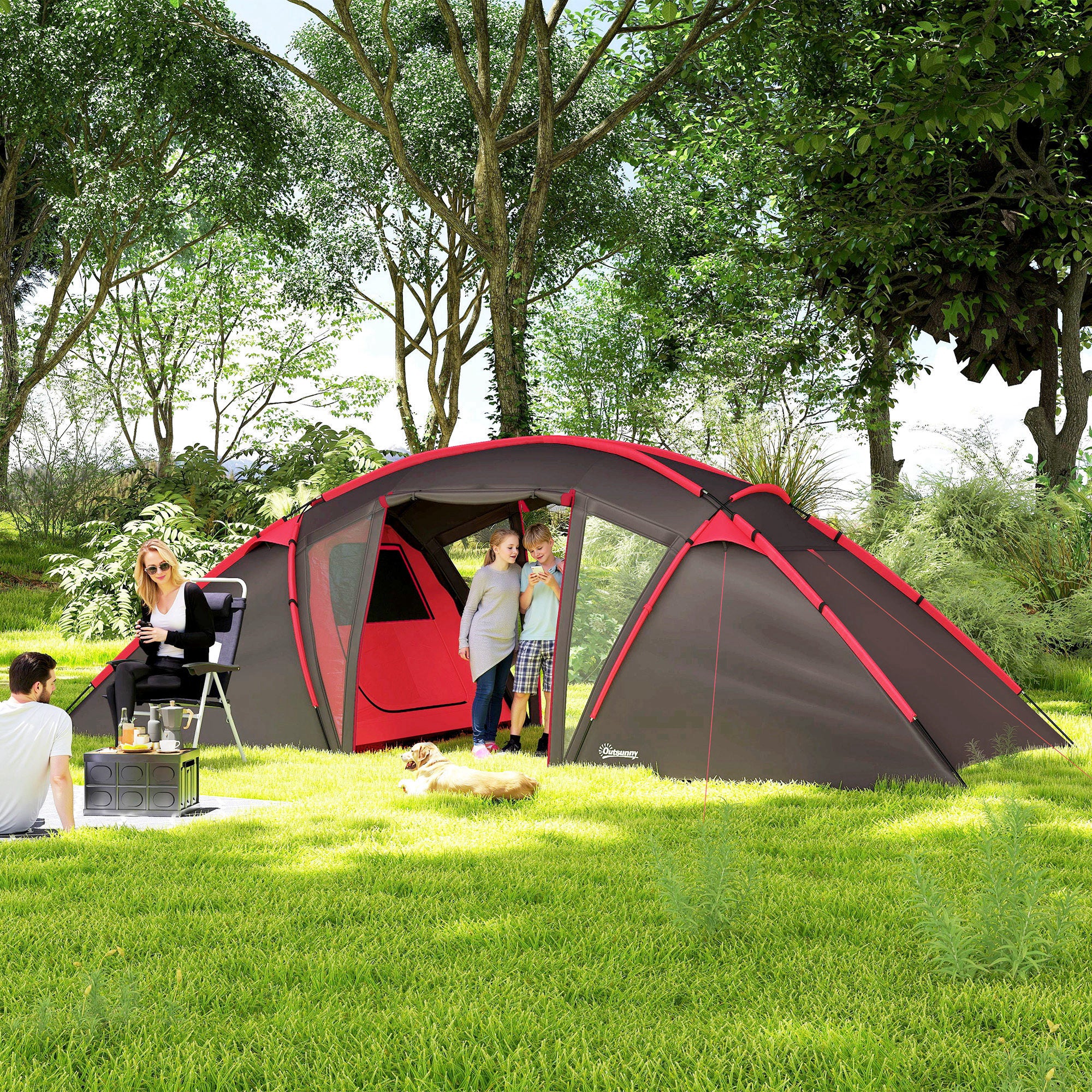 Outsunny 4-6 Man Family Camping Tent w/ 2 Bedrooms and a Living Room, Waterproof Tunnel Tent w/ Sewn In Groundsheet, Doors, Windows, Carry Bag, Grey