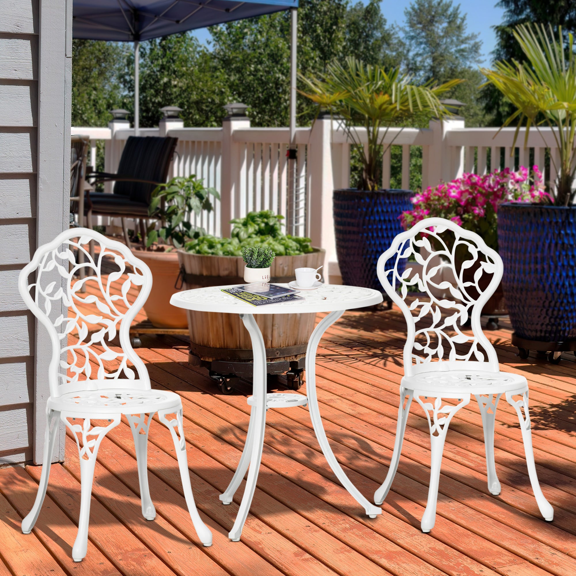 Outsunny 3 Pcs Aluminium Bistro Set Garden Furniture Dining Table Chairs Antique Outdoor Seat Patio Seater White - North Peak Garden Furniture