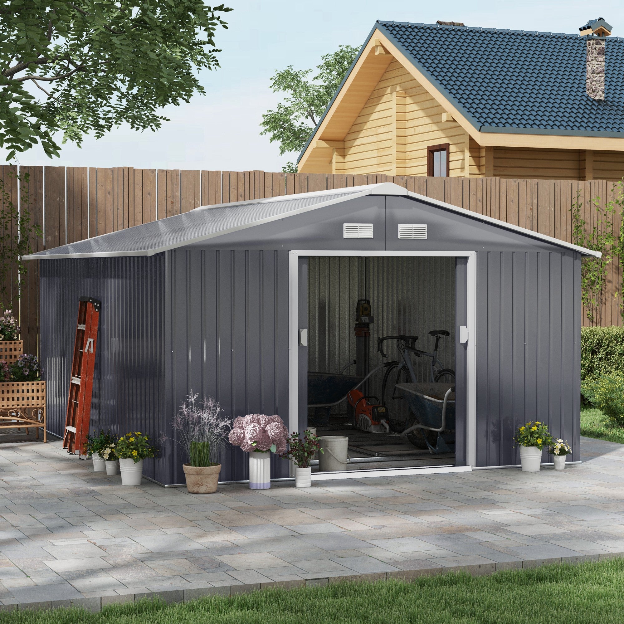 Outsunny 13 x 11ft Metal Garden Shed, Outdoor Storage Tool House with Ventilation Slots, Foundation Kit and Lockable Double Doors, Grey - North Peak Garden Furniture