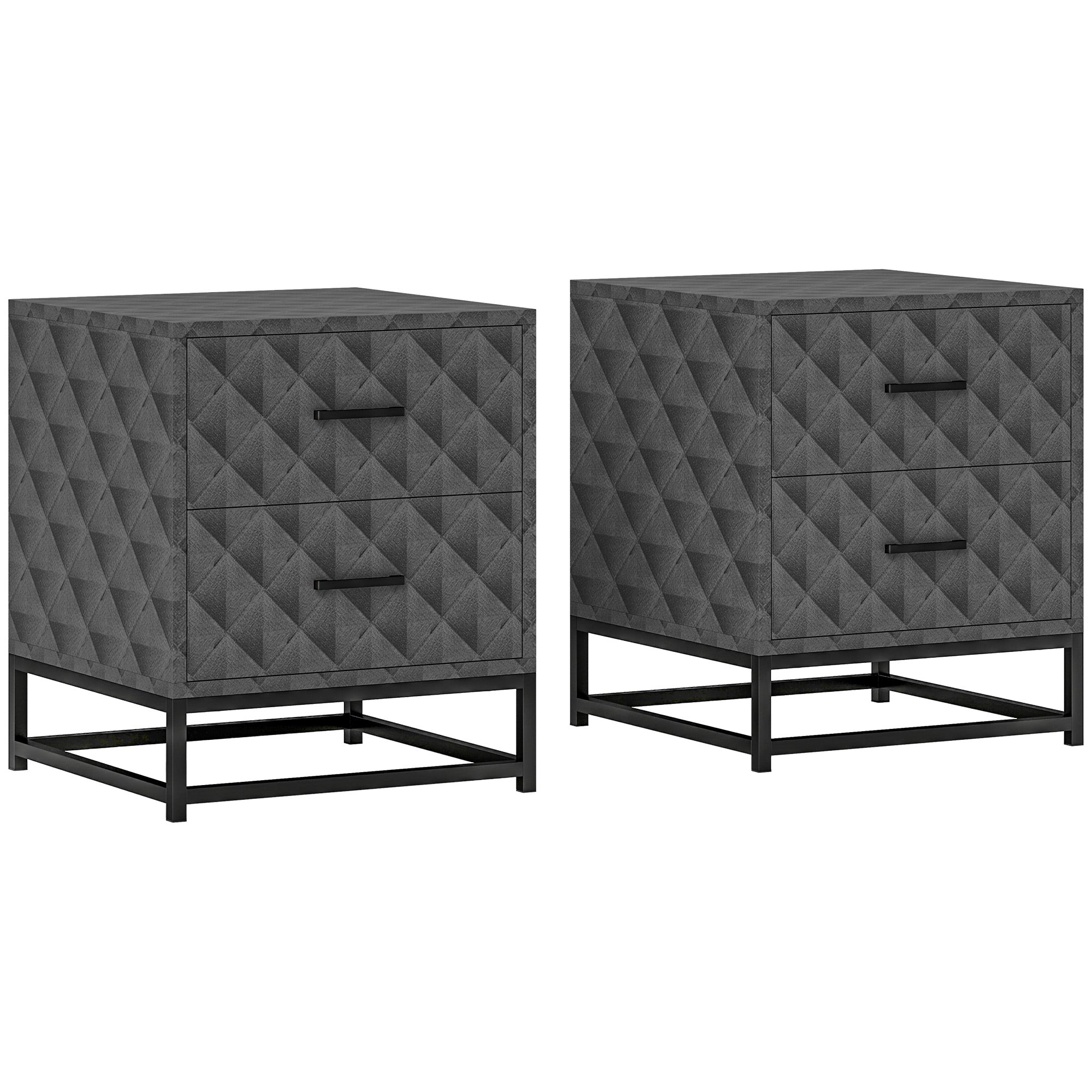 HOMCOM Bedside Tables Set of 2, Modern Bedside Table Nightstand with 2 Drawers, Bedside Cabinet Sofa Side Table with Storage, Steel Legs for Bedroom, Living Room, Grey - North Peak Garden Furniture