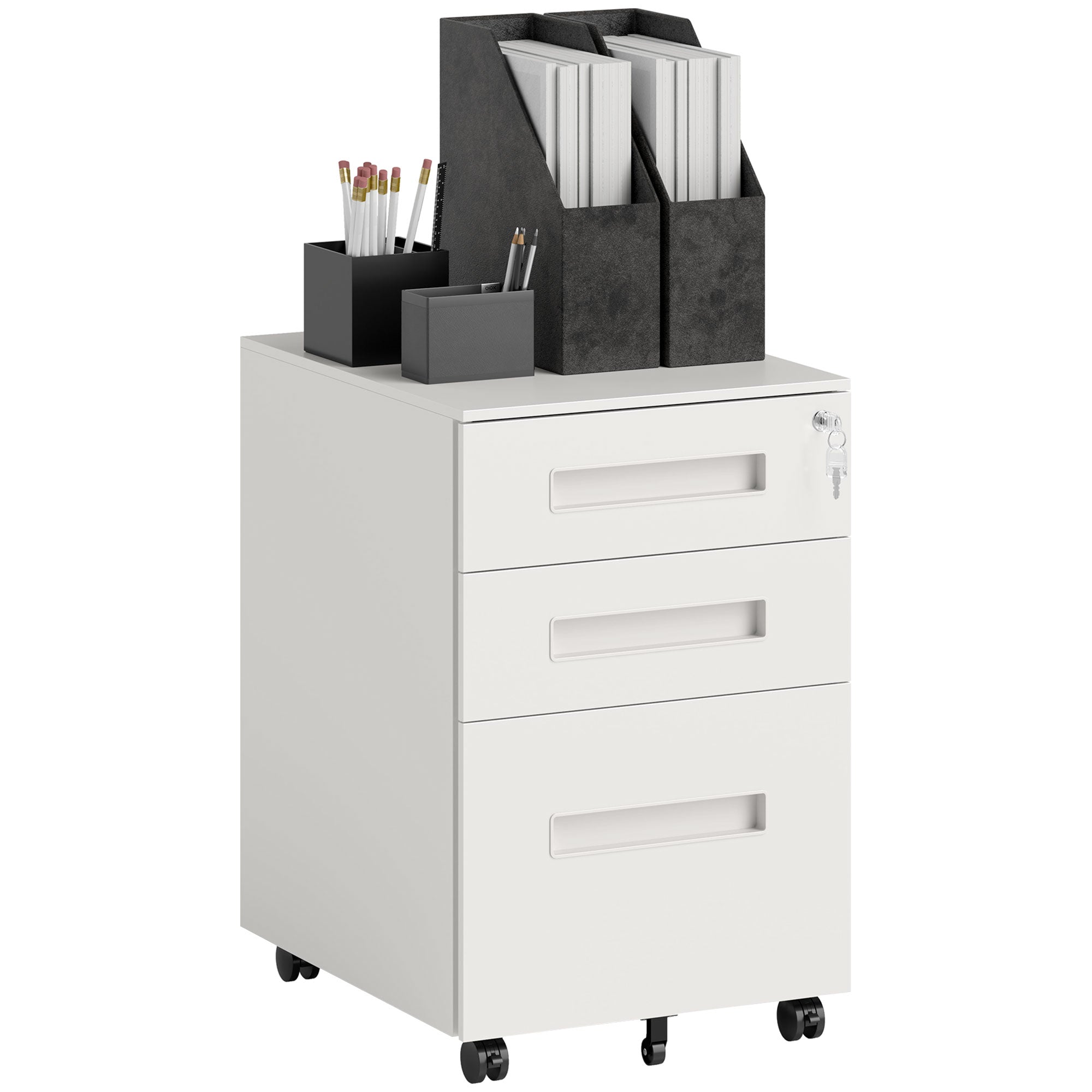 Vinsetto Metal Mobile File Cabinet with Wheels, Lockable 3 Drawer Filing Cabinet for A4, Legal, Letter, Under Desk Storage Unit with Pre-Assembled Body for Home Office, 39 x 48 x 60cm, White - North Peak Garden Furniture