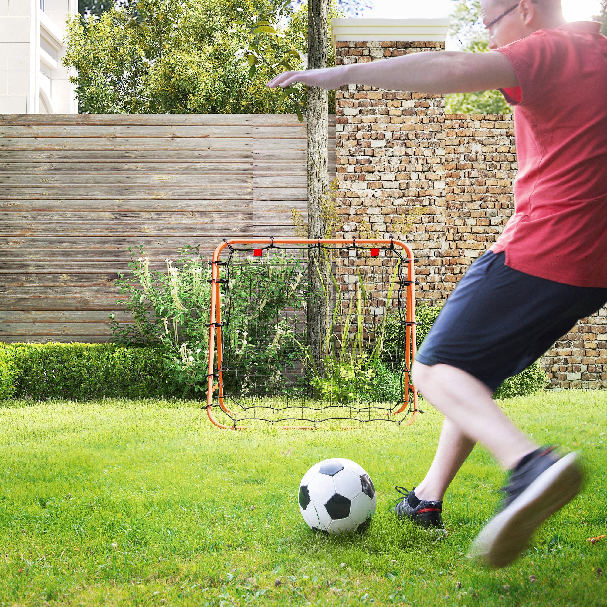 HOMCOM Double Sided Football Rebounder Net, Football Rebound Goal with Five Adjustable Angles, Orange - North Peak Garden Furniture