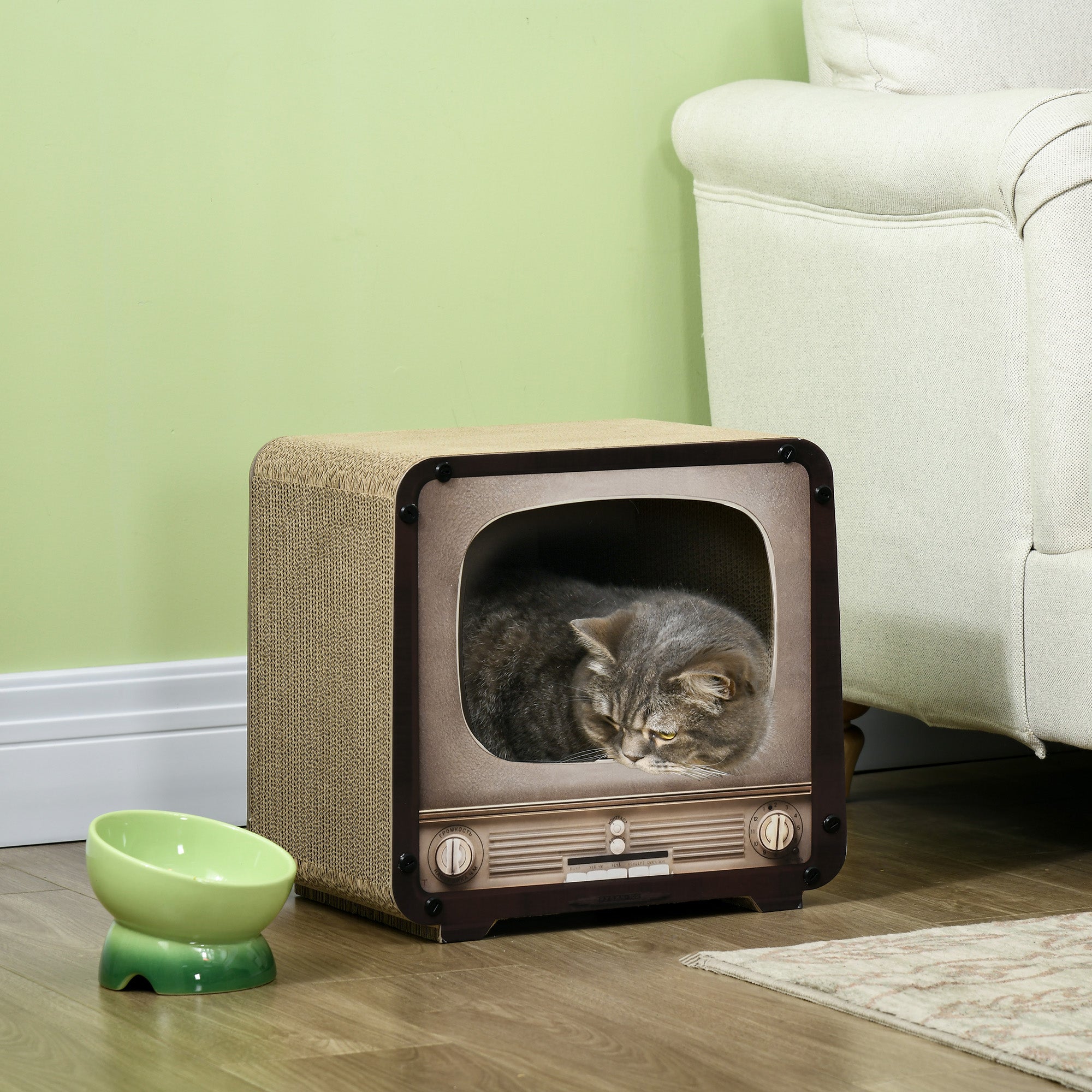PawHut 2 in 1 TV Shape Cat Scratching Board House with Catnip, for Indoor Cats, Brown - North Peak Garden Furniture