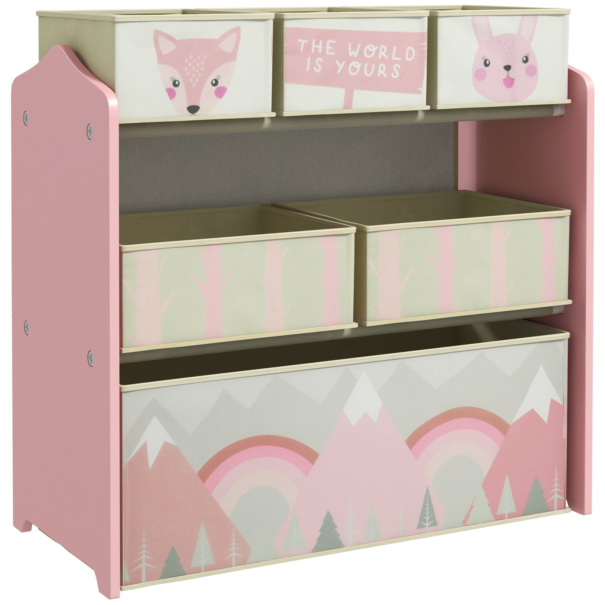 ZONEKIZ Kids Storage Unit, Toy Storage Organiser, with Six Fabric Bins, for Bedrooms, Playrooms, Nurseries - Pink - North Peak Garden Furniture