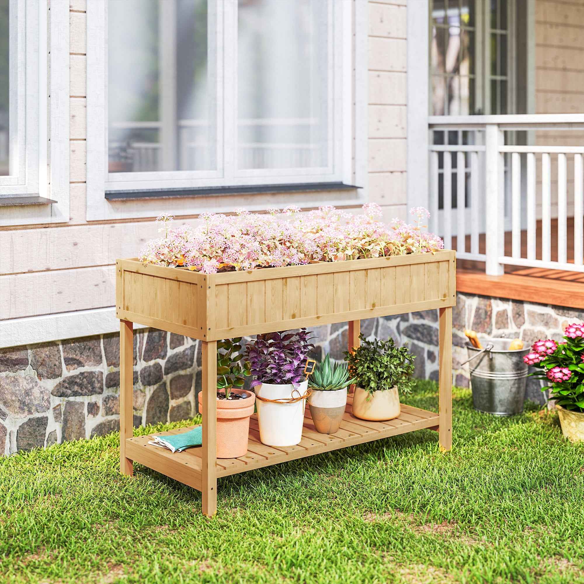 Outsunny Garden Wooden Planters, Rectangular 8 Compartment Plant Stand, Oak Tone