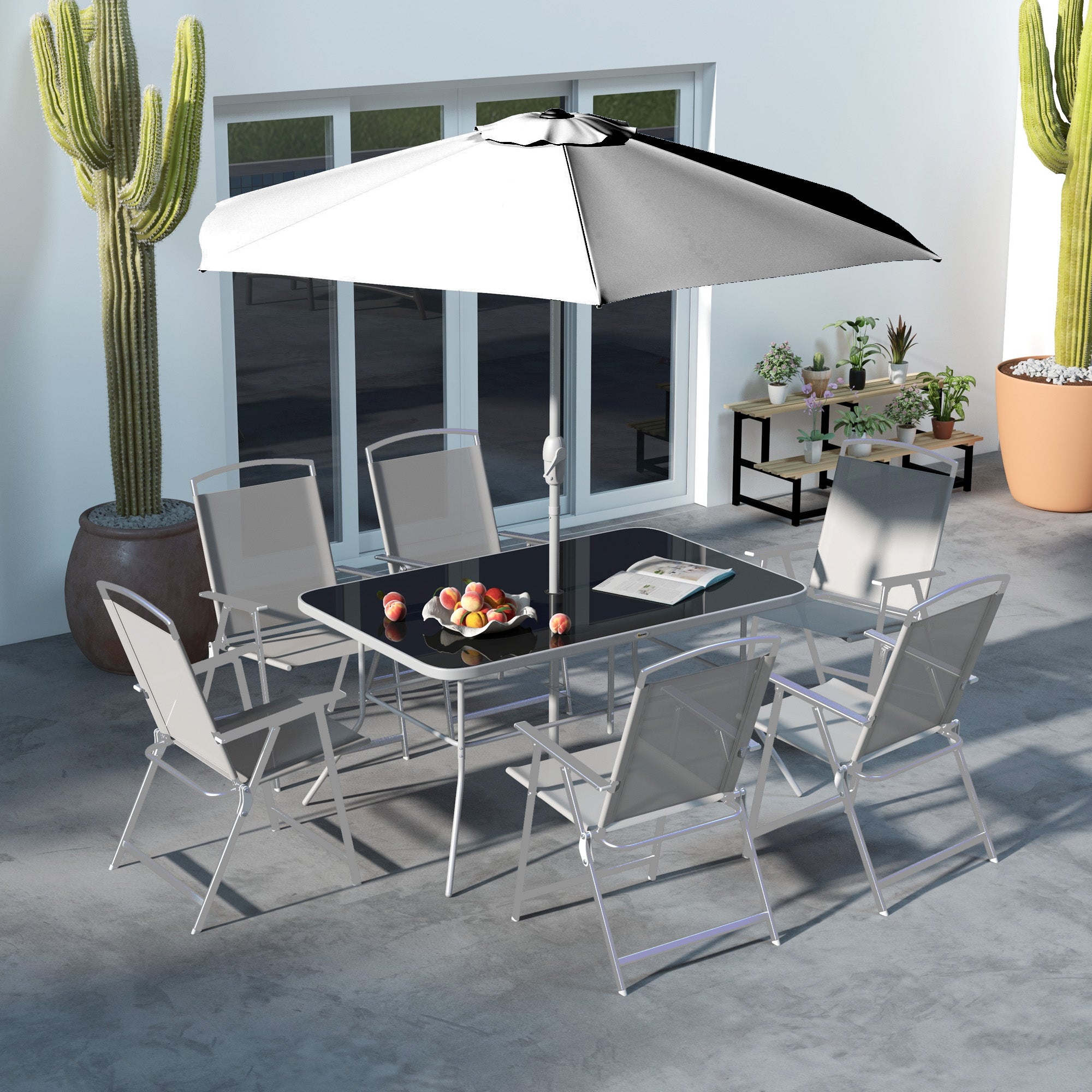Outsunny Eight-Piece Garden Dining Set, with Chairs, Table and Parasol - Grey - North Peak Garden Furniture