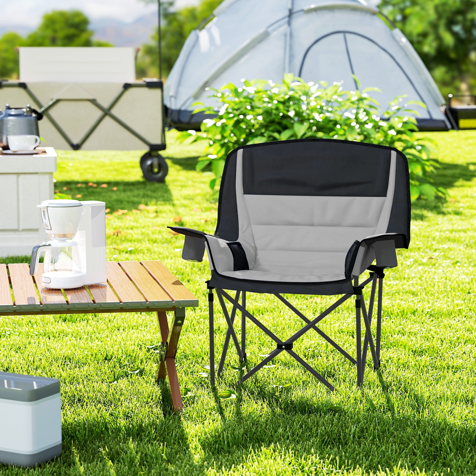 Outsunny Portable Padded Camping Chair, with Bag - Black/Grey - North Peak Garden Furniture