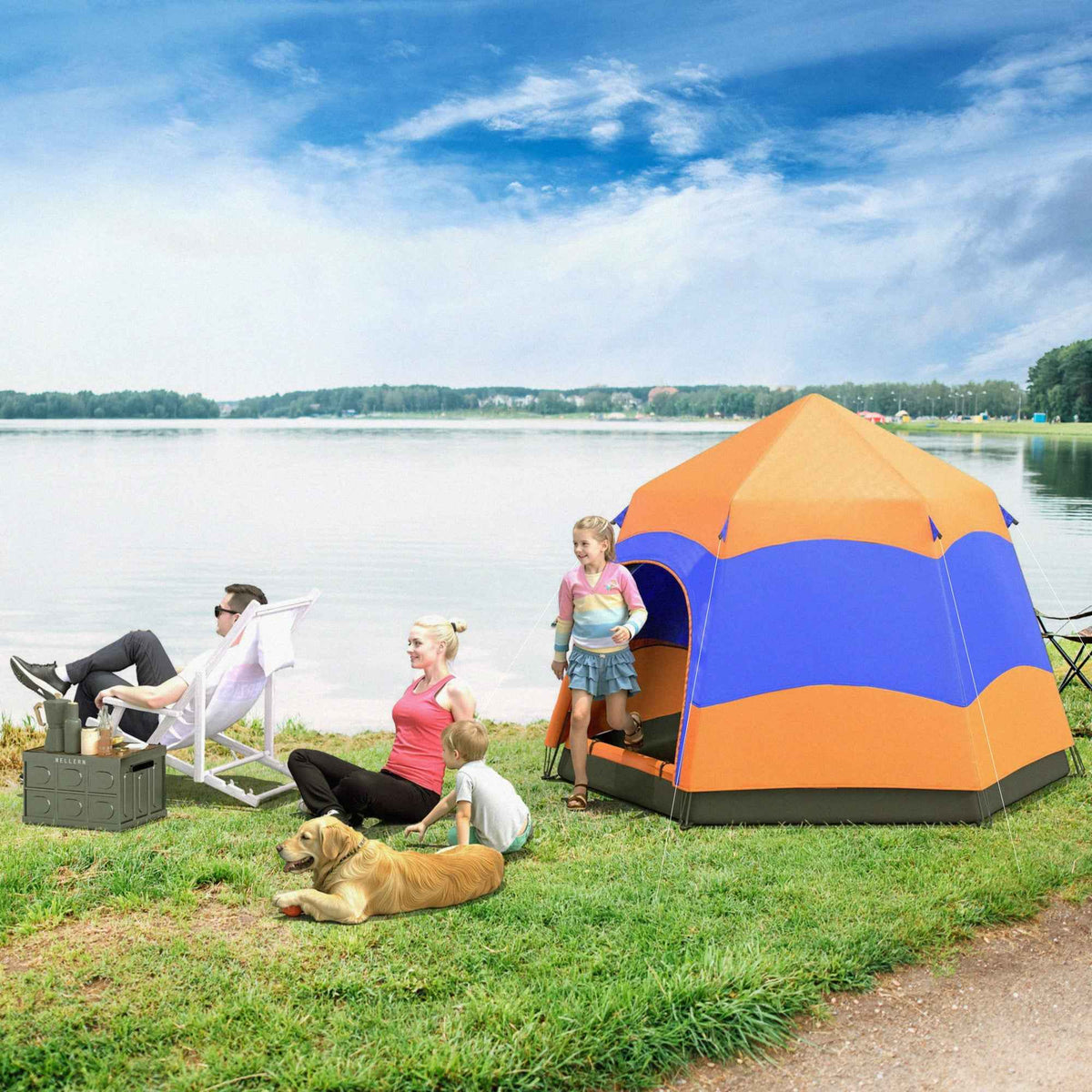 Outsunny Double Layer Dome Tent with Rainfly and Welded Floor, 4 Man Hexagon Pop Up Tent, Portable Camping Shelter with Hang Hook and Carry Bag, for Festival Hiking Family, Orange and Blue