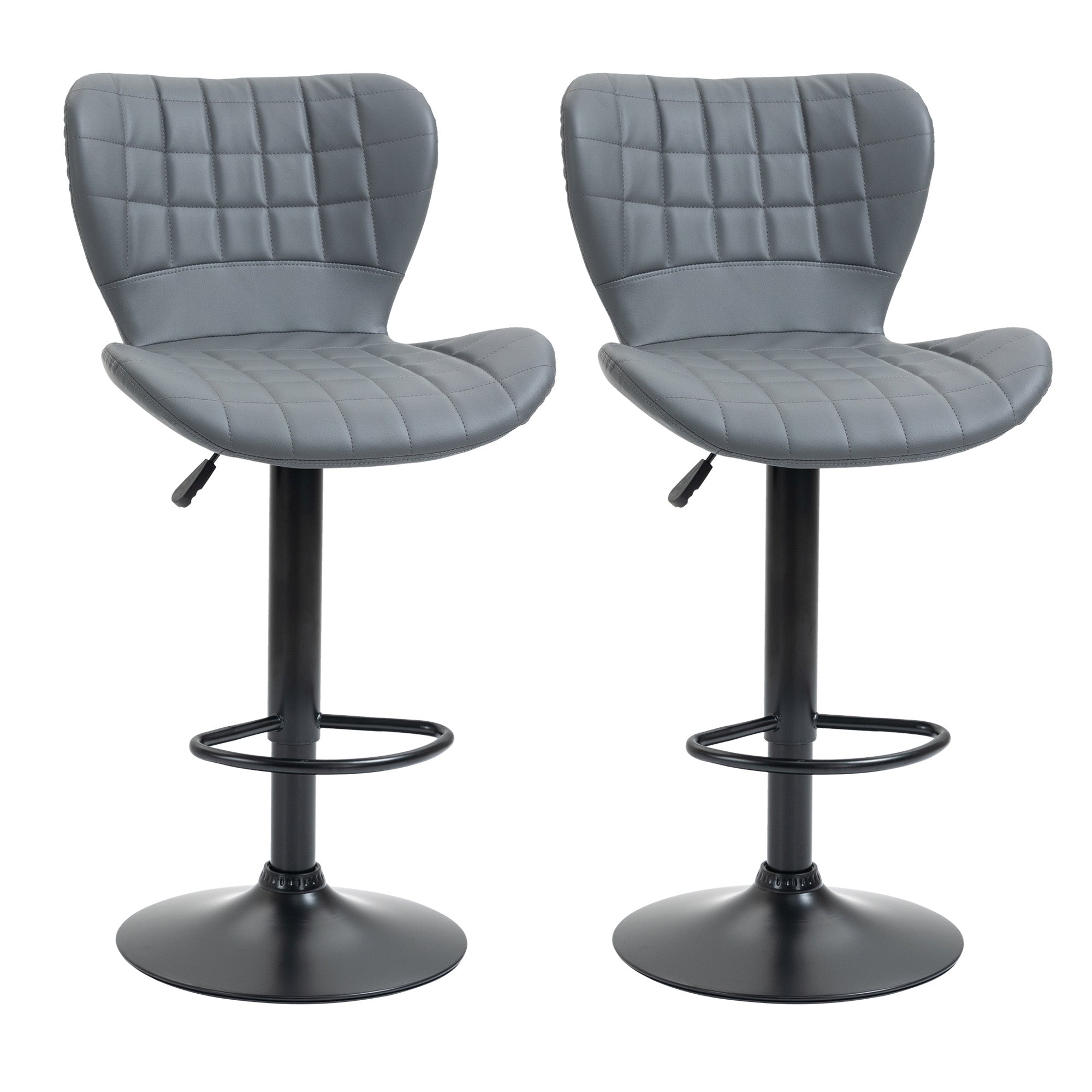 HOMCOM Bar Stools Set of 2 Adjustable Height Swivel Bar Chairs in PU Leather with Backrest & Footrest, Grey - North Peak Garden Furniture