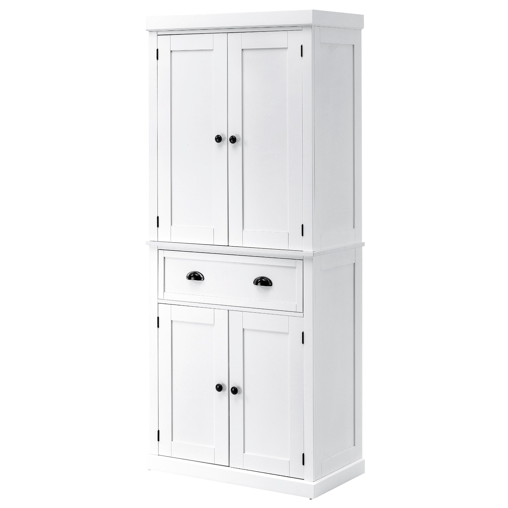 HOMCOM Freestanding Kitchen Cupboard, 184cm Tall Storage Cabinet with Doors and Shelves, Traditional Colonial 4-Door Kitchen Pantry Cupboard with Drawer, White - North Peak Garden Furniture