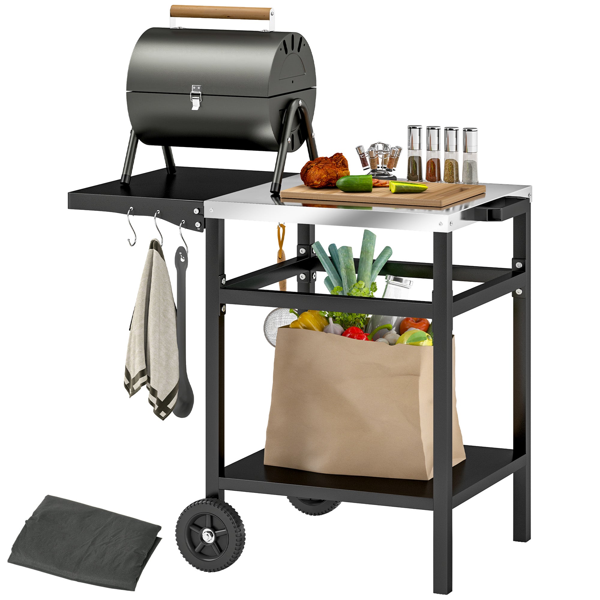 Outsunny BBQ Trolley with Stainless Steel Top and Foldable Side Table, Outdoor Kitchen BBQ Station with Hooks and Shelf, Pizza Oven Table Movable Outdoor Grill Dining Cart with Cover, Black - North Peak Garden Furniture