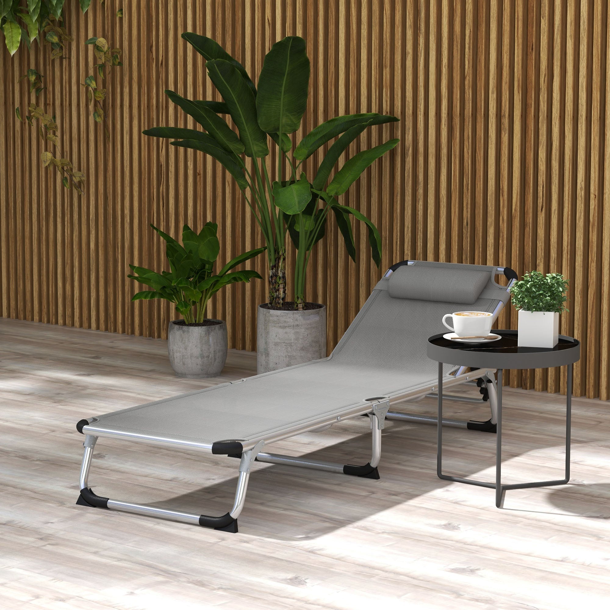 Outsunny Foldable Reclining Sun Lounger Lounge Chair Camping Bed Cot w/ Pillow 4-Level Adjustable Back Aluminium Frame Grey - North Peak Garden Furniture