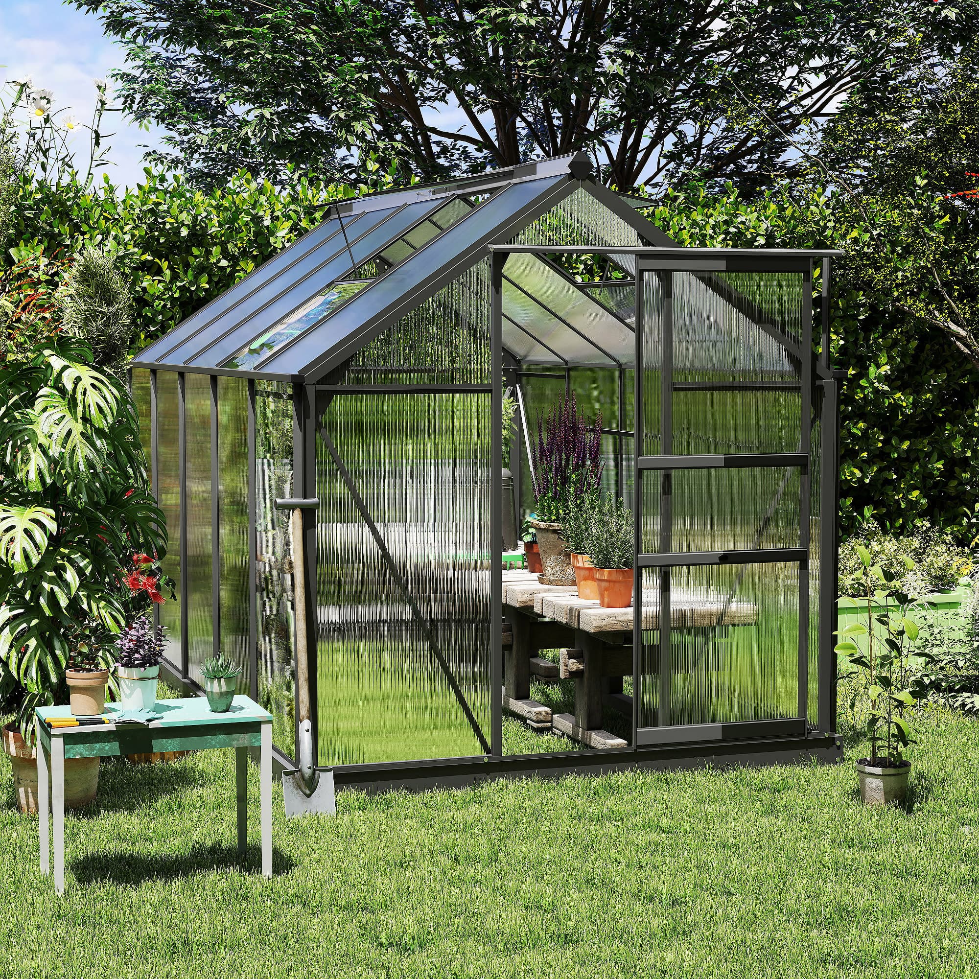 Outsunny 6 x 10ft Polycarbonate Greenhouse, Large Walk-In Green House with Slide Door and Window, Garden Plants Grow House with Aluminium Frame and Foundation, Grey - North Peak Garden Furniture