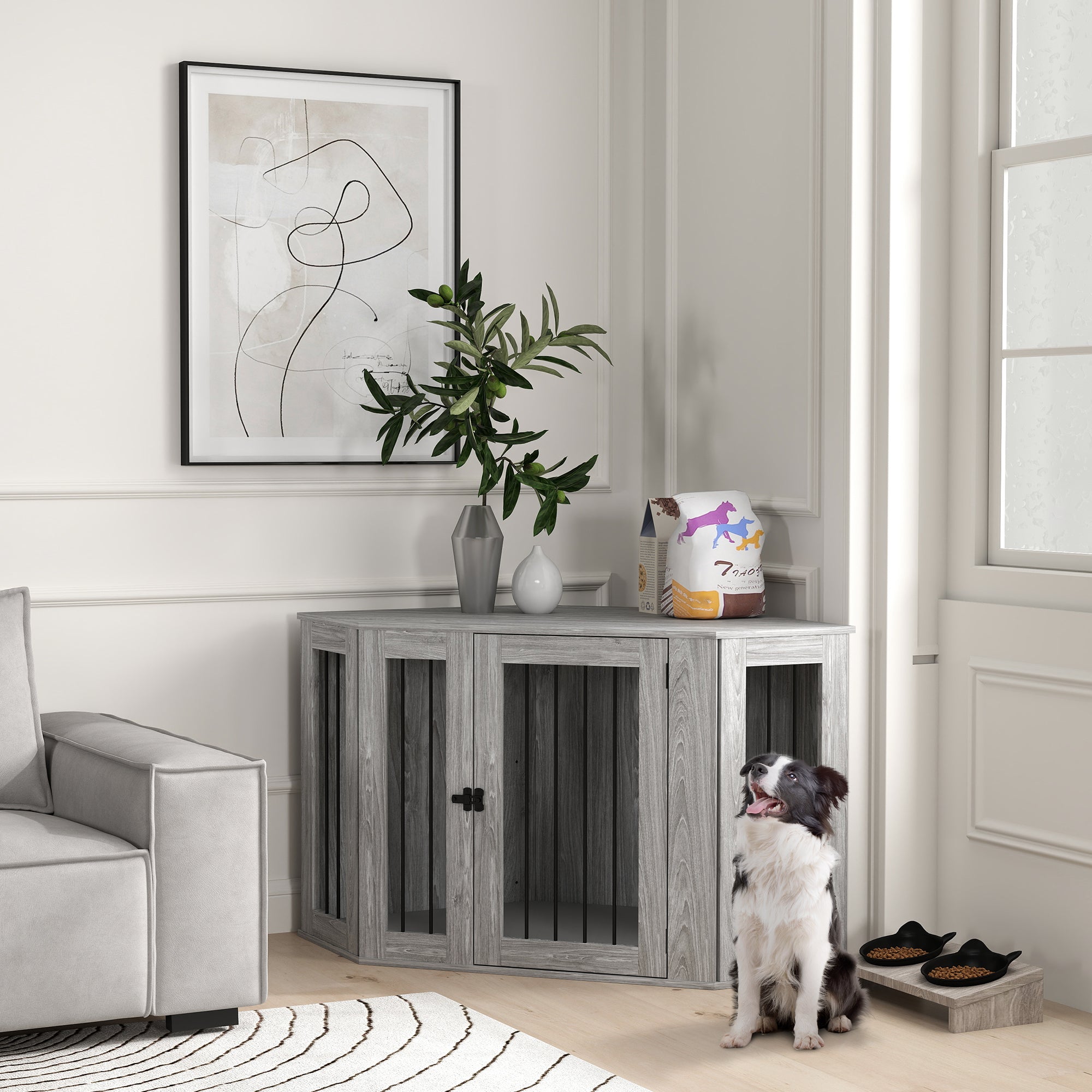 PawHut 2 in 1 Dog Crate Furniture Side Table, with Cushion, 122 x 61 x 71cm - Grey - North Peak Garden Furniture