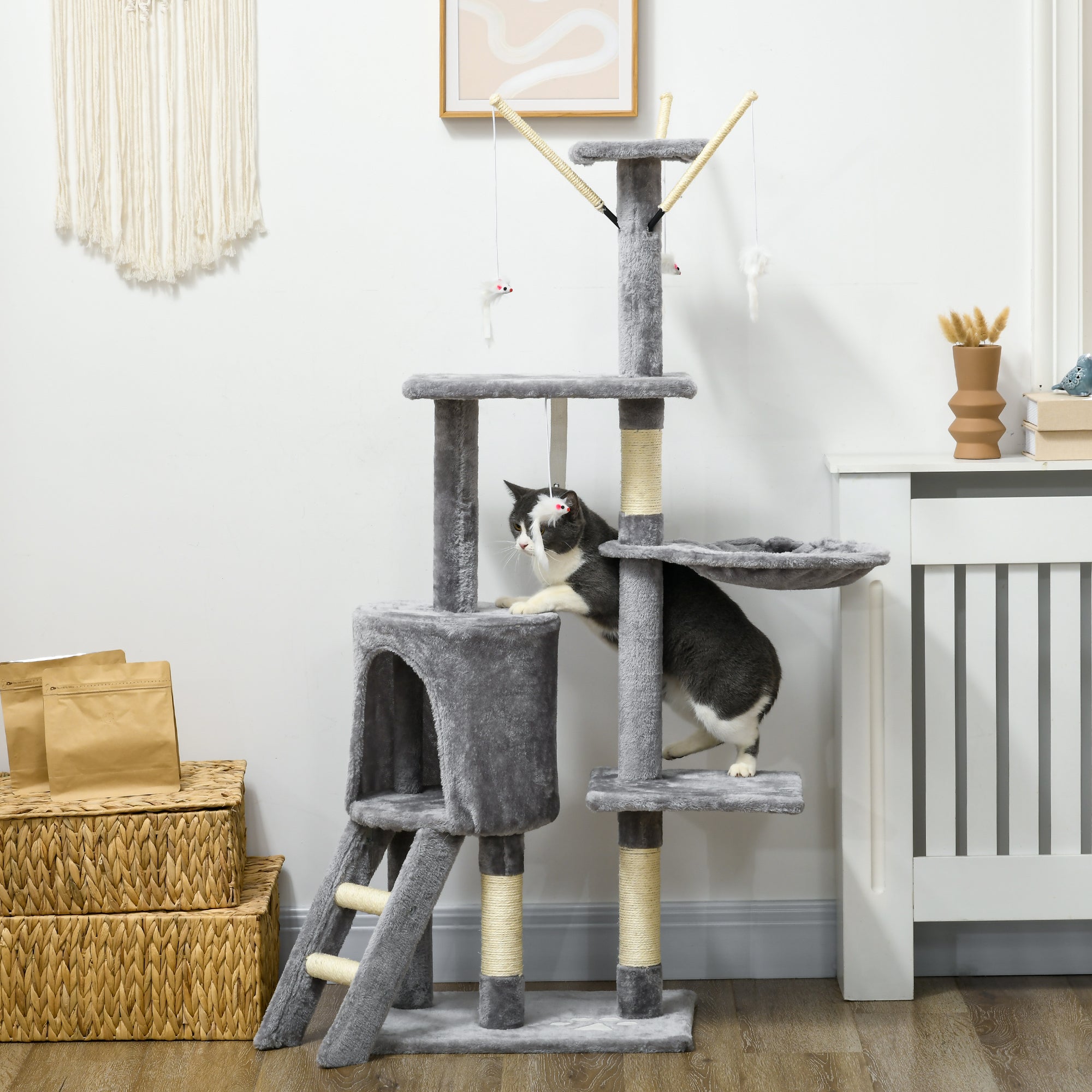 PawHut Cat Scratching Post Cat Tree for Indoor Cats Climbing Tower Scratcher w/ Ladder Kitty Activity Centre 135cm Grey - North Peak Garden Furniture