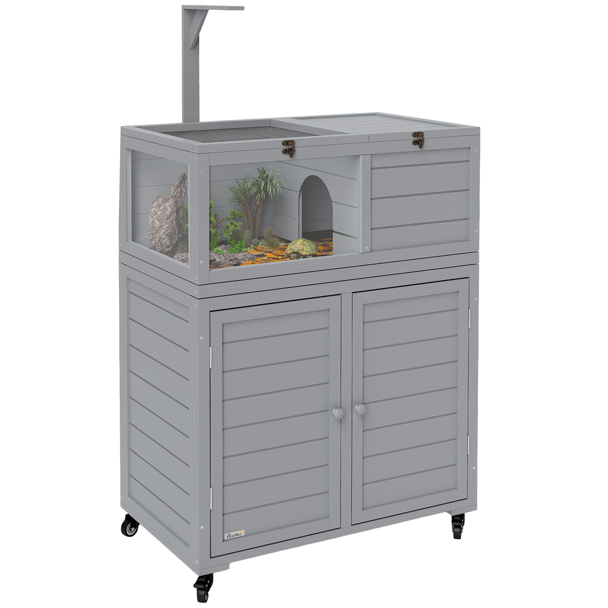 PawHut Wooden Tortoise House with Storage Cabinet, Openable Top, Lamp Holder, Transparent Observation Windows, Light Grey - North Peak Garden Furniture