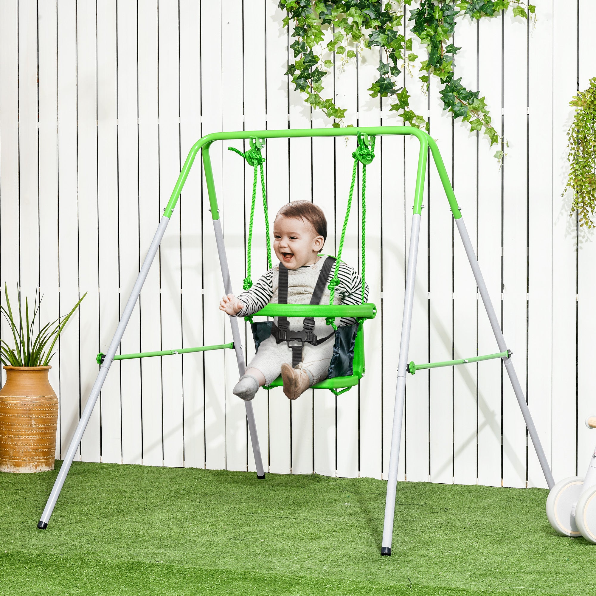 Outsunny Kids Swing, Steel Nursery Swing, with Seatbelt, High Support Back, Front Guard, for Ages 6-36 Months - Green - North Peak Garden Furniture