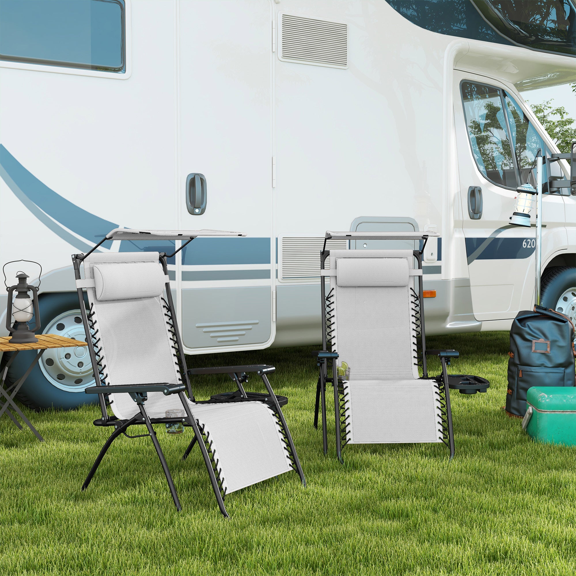 Outsunny 2 Piece Foldable Reclining Garden Chair with Headrest, Zero Gravity Deck Sun Lounger Seat Chair with Footrest, Armrest, Cup Holder & Canopy Shade, White - North Peak Garden Furniture