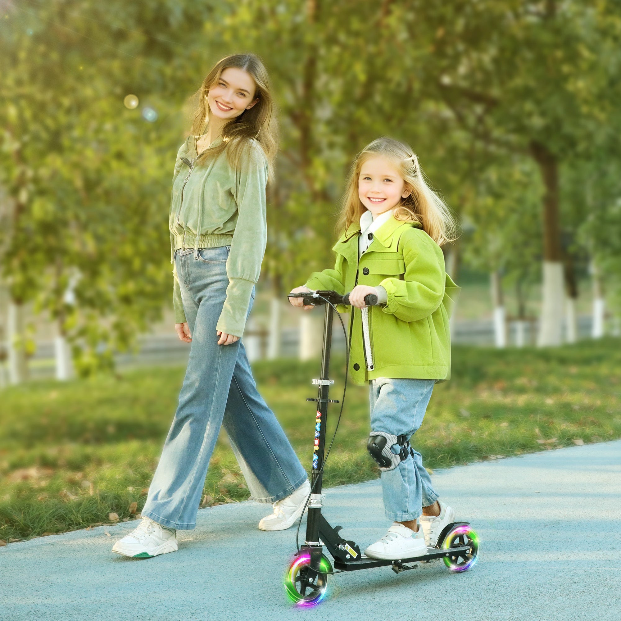 AIYAPLAY Scooter for Kids Ages 3-8 with Adjustable Handle, 2 Light up Wheels, Handbrake & Rear Brake for Girls and Boys, Black - North Peak Garden Furniture