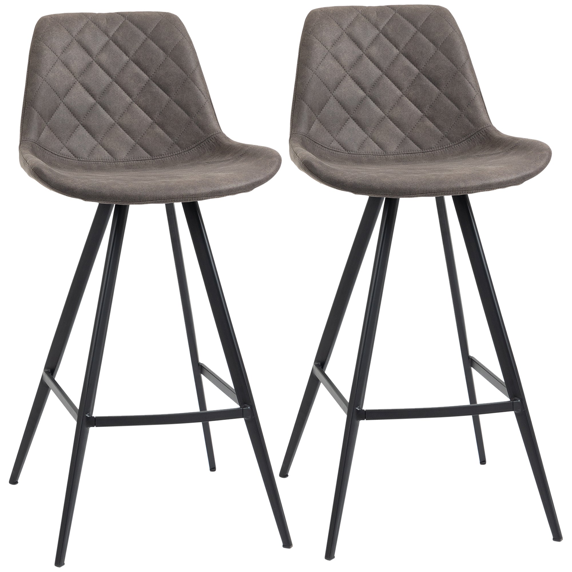 HOMCOM Set Of 2 Bar Stools Vintage Microfiber Cloth Tub Seats Padded Comfortable Steel Frame Footrest Quilted Home Bar Cafe Kitchen Chair Stylish Dark Grey - North Peak Garden Furniture