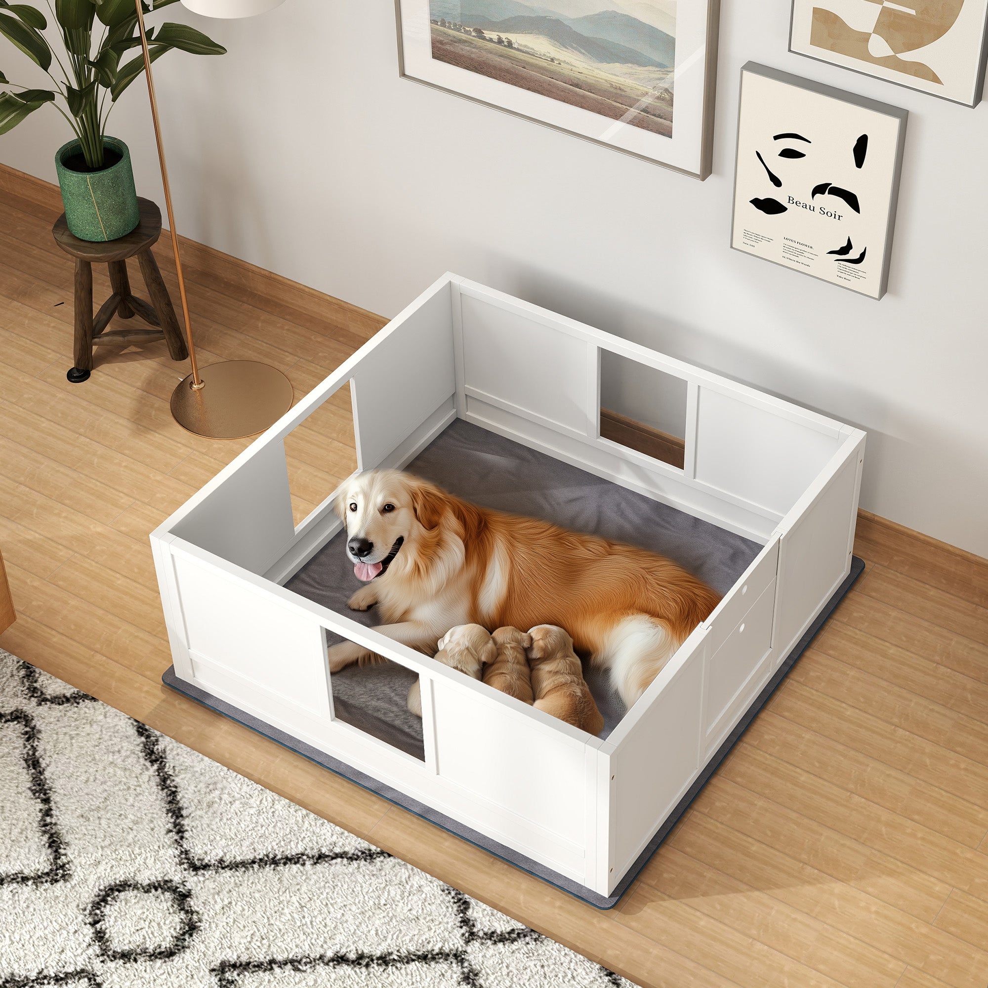 PawHut Whelping Box for Dogs with Whelping Pad, Adjustable Entrance, Non-slip Foot Pads, for Large Dogs, 124 x 120cm - North Peak Garden Furniture
