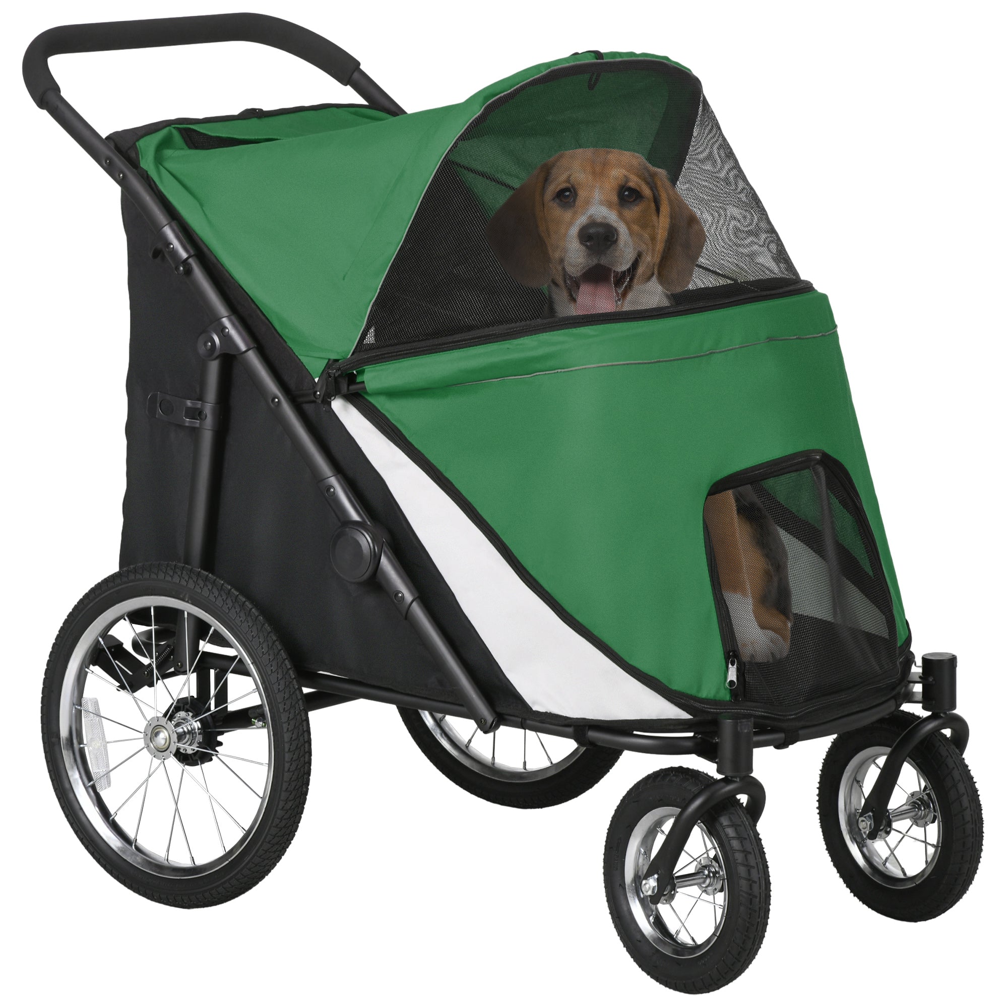 PawHut Foldable Pet Stroller, with Washable Cushion, Storage Bags, Safety Leash, for Medium, Large Dogs, Catts, Travel - Green - North Peak Garden Furniture