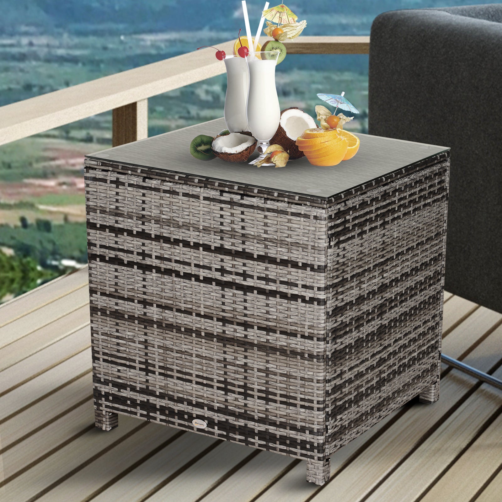Outsunny Square PE Rattan Garden Table, with Glass Table Top - Grey - North Peak Garden Furniture
